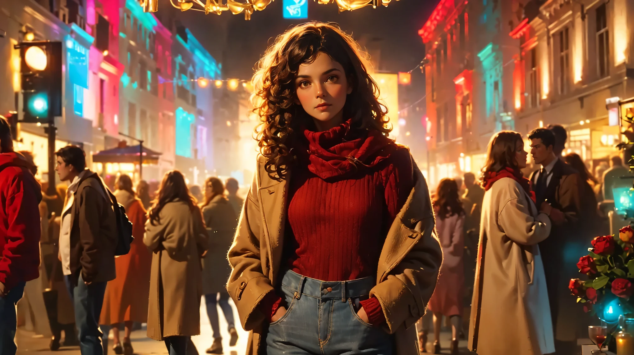 A girl, 1 girl,a brown girl,modern,She wore a brown turtleneck sweater, topped with a beige coat, paired with high-waisted jeans and white sneakers. A red-brown scarf was draped around her neck. Her hair fell naturally, the curly locks catching the light from the colorful bulbs, reflecting a warm reddish-brown hue. curly hair, chest-length, dark brown with reddish undertones;.Skin: Honey-brown, smooth complexion.Face: Lightly angular face, high cheekbones, slender jawline.Eyes: Almond-shaped, dark brown, with naturally thick and curled lashes.Nose: Straight with a slightly pointed tip.Mouth: Full lips with a slight upward curve at the corners. Half body image.