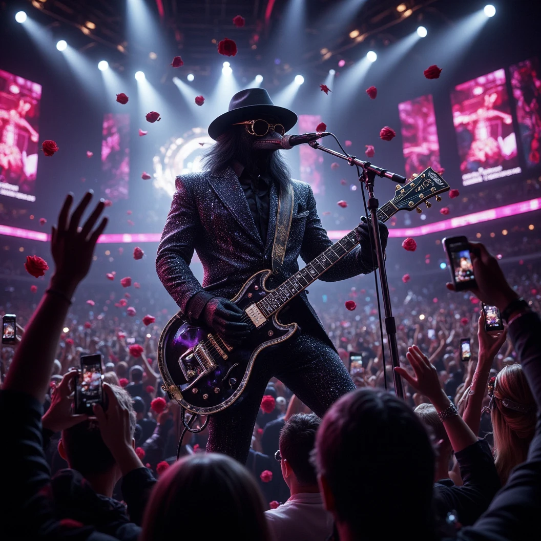 Stadium Blues Rock concert. The band "The Obsidian Flow Project" rocks the stage. The focus on their lead singer and guitarist, Obsidian Crow, a muscular humanoid crow donned in an ornate black and shining diamond suit, a black fedora pulled low and large diamond studded sunglasses. The jumbotrons shows the concert. Large neon signs. Plays on stage facing the crow. Camera flashes can be seen in the crowd. Obsidian dynamically plays his guitar while singing to a retro microphone. The crowd is theowing roses on stage at him. Dynamic Posing, High Resolution, Masterpiece, Award Winning, Super Detailed, Cinematic, Cinematography, Hyperrealism, Depth Of Field, Image Fill. 