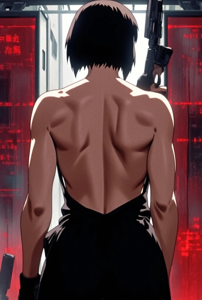 score_9_up, score_8_up, score_7_up, source_anime,  1girl, solo, , cyberpunk, short hair, cityscape, city, building, , back, science fiction, black hair, skyscraper, ghost in the shell style, major kusanagi, high quality, best quality, <lora:90s_Retro_anime_style_Pony:1>