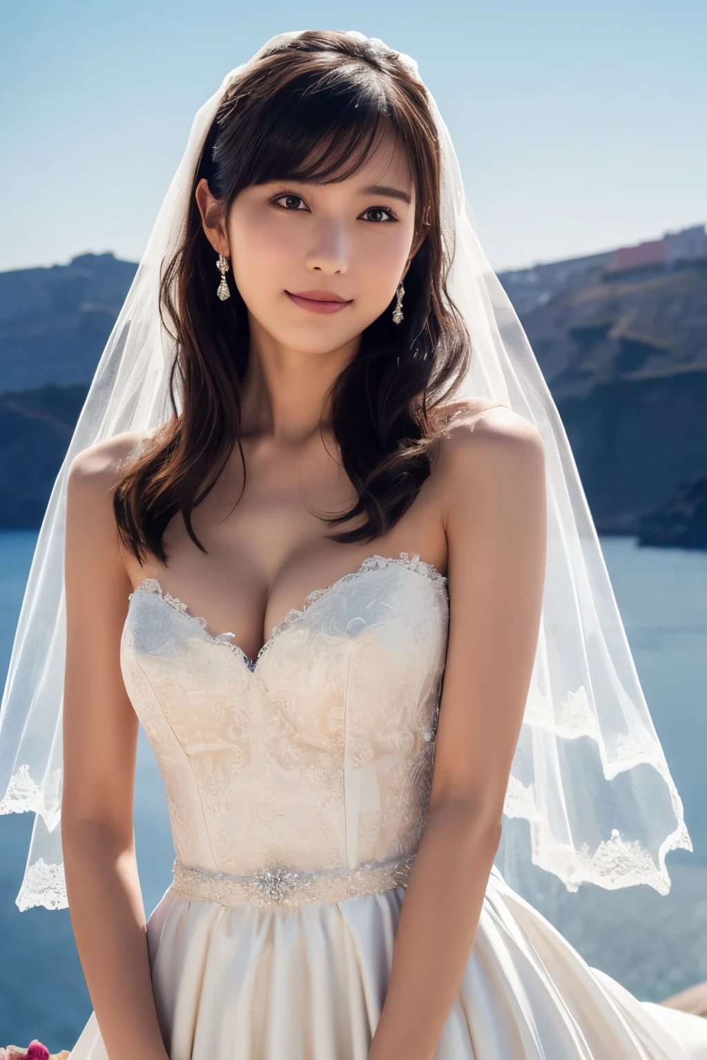 (highest quality, 32k, Ultra-high resolution:1.2), (RAW Photos), (Realistic), (High resolution), Large file size, Super detailed, Very beautiful face & eye, One girl, Cute Japanese  girl, 14, 13yo, 12 yearound and sarrow waist, Big Breasts, Slim figure, Thin thighs, (Wedding dress, Wedding Veil, Standing above a sea cave:1.35), Nice hands, Perfect hands, Accurate hand drawing, Perfect Parents Refer to & refer to, Sweaty, shy smile, Pure white teeth, (Sky after rain、Big cave with high waves:1.35), (Droopy eyes, Natural Makeup、Ultra-high definition beauty face:1.25)、(Ultra high resolution perfect beautiful teeth, Center of chest, Tight waist, smile:1.15)、Ultra HD Shining Eyes、Super high quality glossy lip, (Photorealistic:1.2), From below, 8k, masterpiece