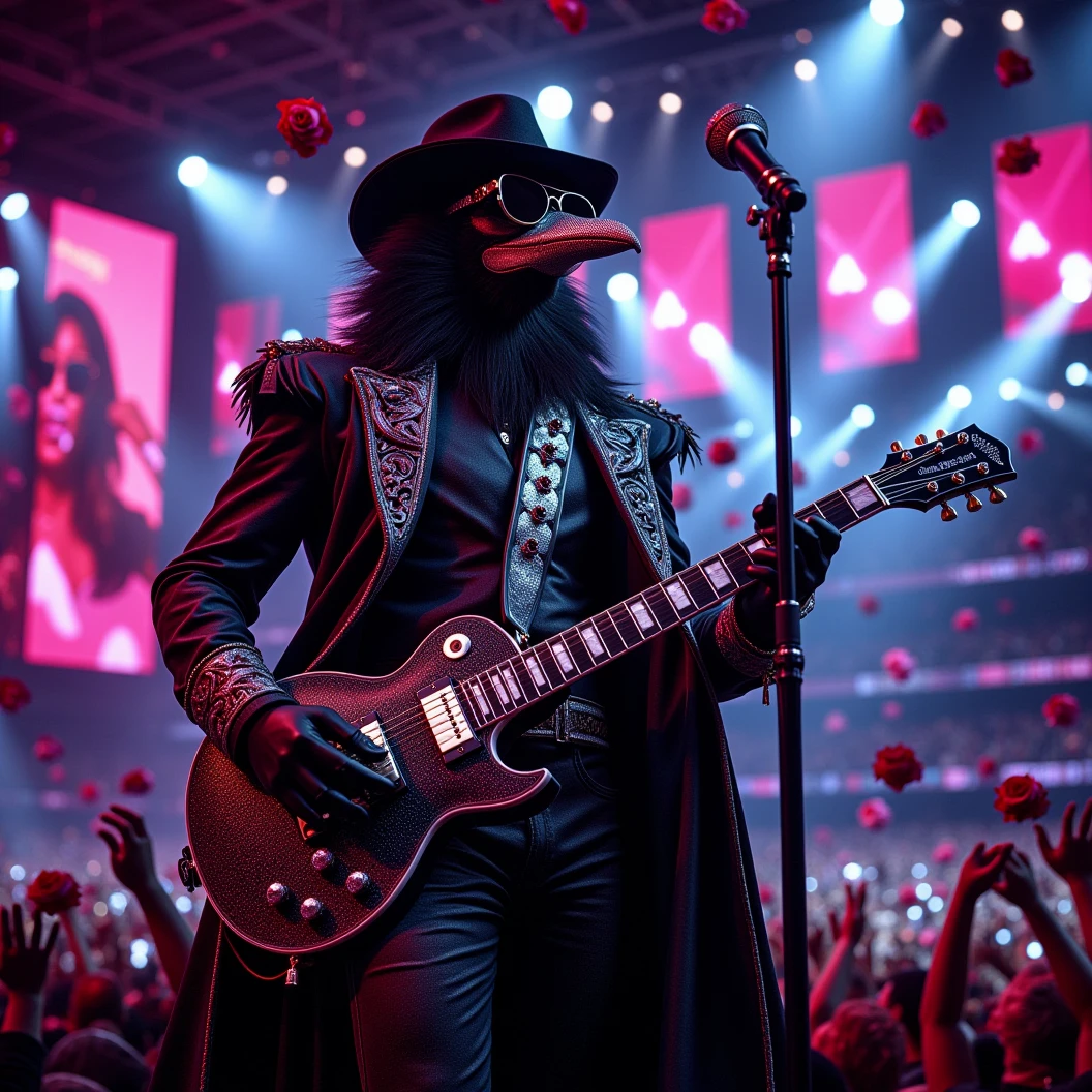 Stadium Blues Rock concert. The band "The Obsidian Flow Project" rocks the stage. The focus on their lead singer and guitarist, Obsidian Crow, a muscular humanoid crow donned in an ornate black and shining diamond suit, a black fedora pulled low and large diamond studded sunglasses. The jumbotrons shows the concert. Large neon signs. Plays on stage facing the crow. Camera flashes can be seen in the crowd. Obsidian dynamically plays his guitar while singing to a retro microphone. The crowd is theowing roses on stage at him. Dynamic Posing, High Resolution, Masterpiece, Award Winning, Super Detailed, Cinematic, Cinematography, Hyperrealism, Depth Of Field, Image Fill. 