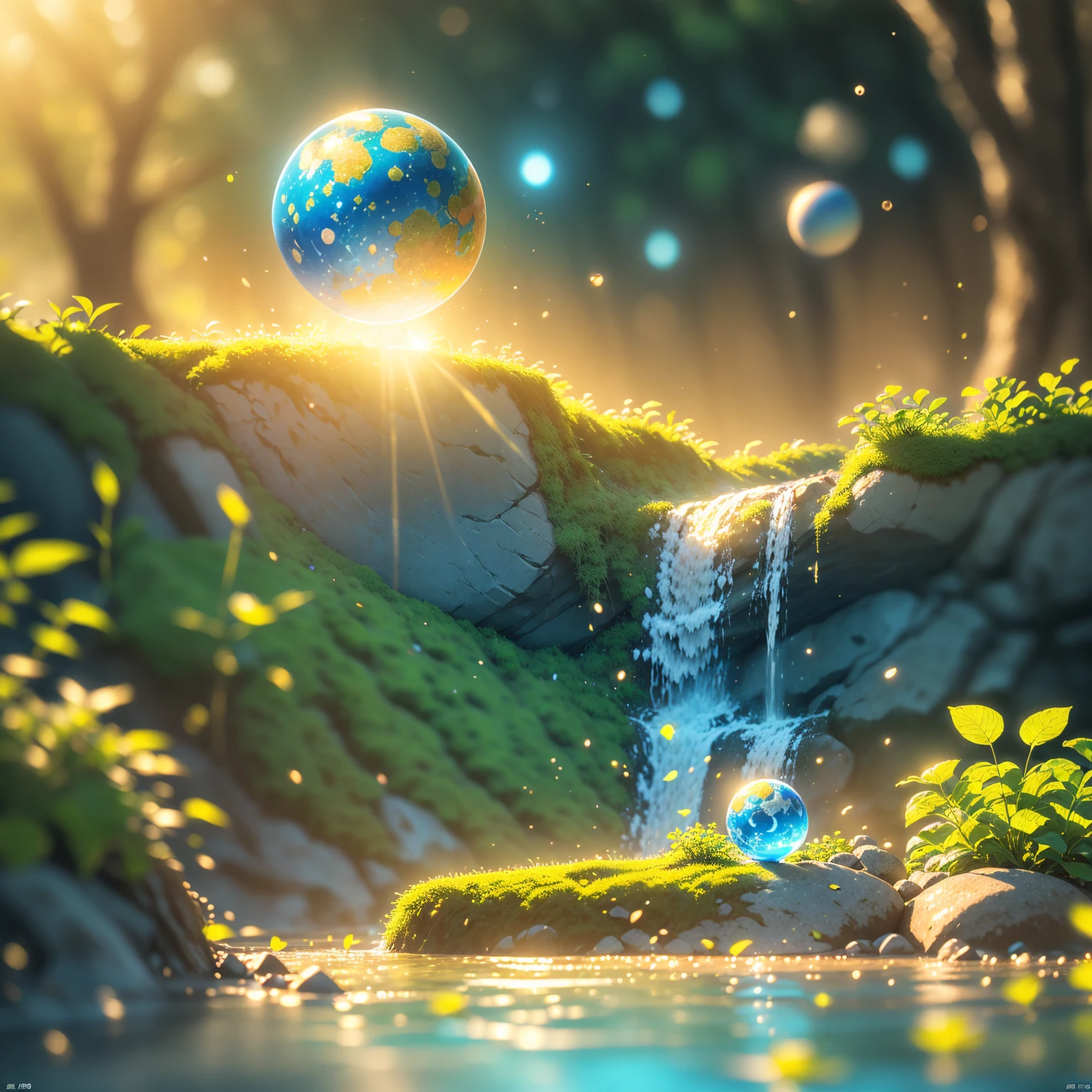 8K quality,(masterpiece:1.3), top quality , detailed images,unmanned,In the mountains(tree々, the petals dance,Riverside,There is a waterfall, fantastic waterfalls, Rock Field,Sandbox),Floating( one small sphere floating(A planet made of water ,Water Planet, Blue Planet ,)),background(universe, golden gradation,Sunset gradation).