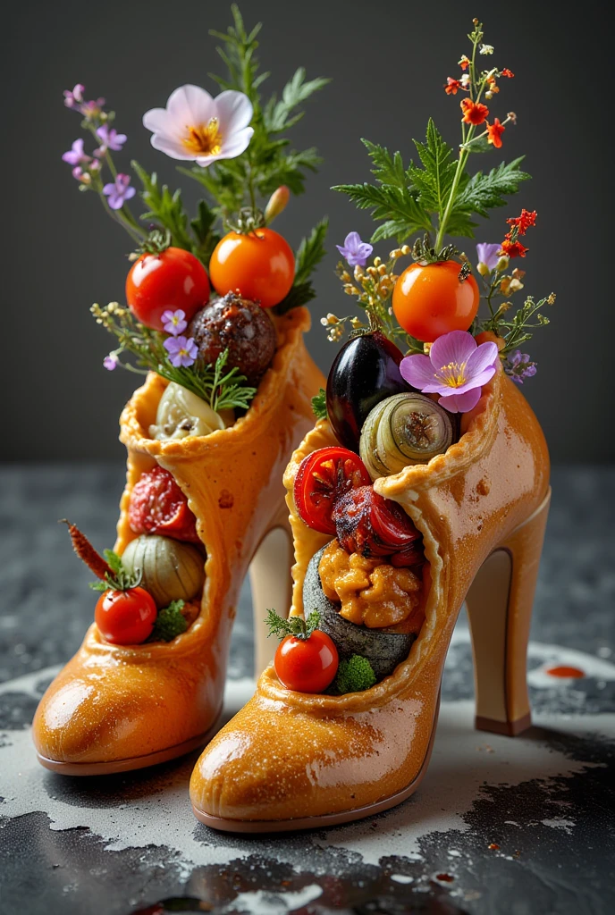 (best quality, 128k,highres,masterpiece:1.2),ultra-detailed,(realistic,photorealistic,photo-realistic:1.37), ((masterpiece)) ((photography)) ((Highest quality)) Create a humorous culinary composition in the shape of high heels, made from puff pastry as the main structure. Place halved eggplants or small chunks of eggplant on the side as a complementary element. Fill the interior of the pastry with layers of roasted vegetables, cherry tomatoes, and fresh herbs. Add edible flowers for decoration and a light drizzle of balsamic reduction for an elegant finish.
