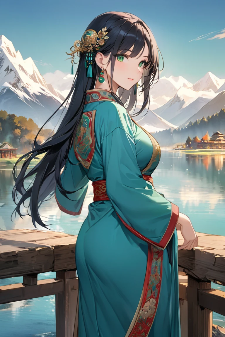 chinese woman with long black hair, green eyes, ancient traditional blue robe, green earrings, hair ornament, mountain and lake in background, Breasts, tall woman