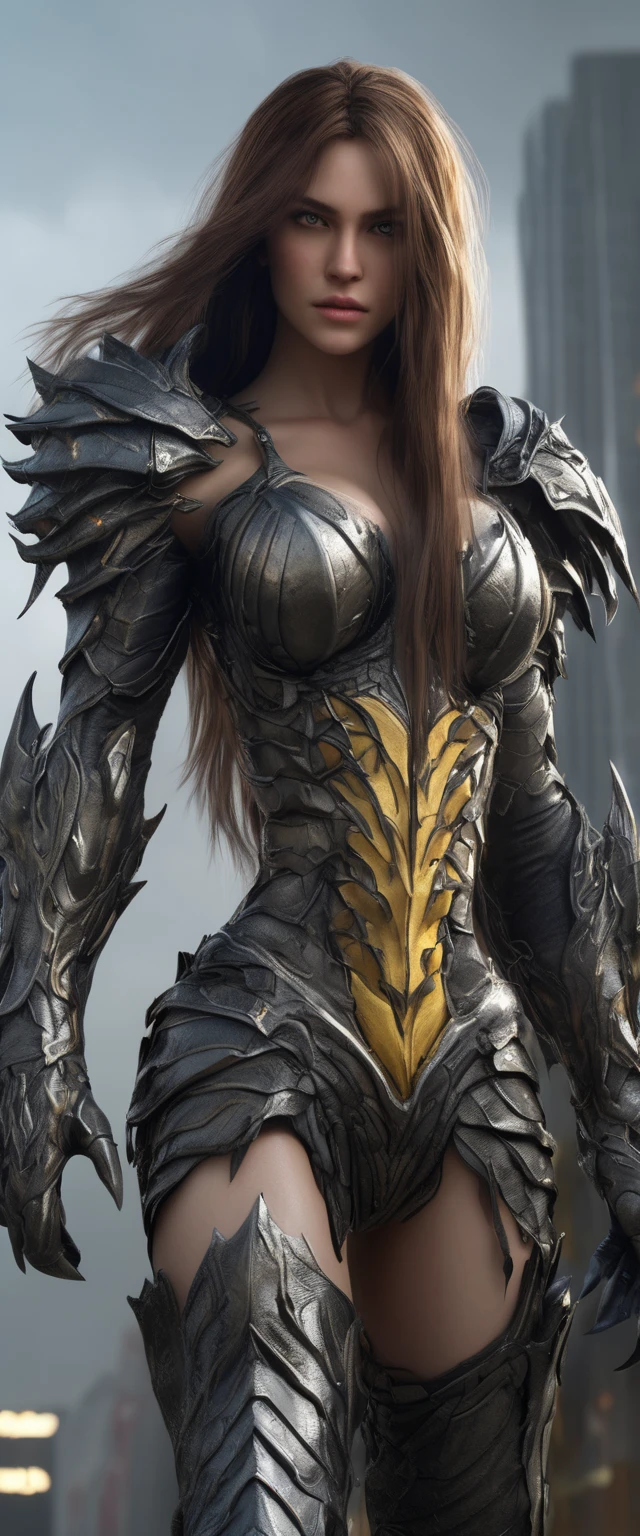 a beautiful detailed girl in witchblade armor, long brown hair, yellow eyes, black sclera, cleavage, very long hair, walking, shoulder armor, pauldrons, clenched hand, boots, (best quality,4k,8k,highres,masterpiece:1.2),ultra-detailed,(realistic,photorealistic,photo-realistic:1.37),concept art,dark fantasy,highly detailed,dramatic lighting,cinematic,moody,atmospheric