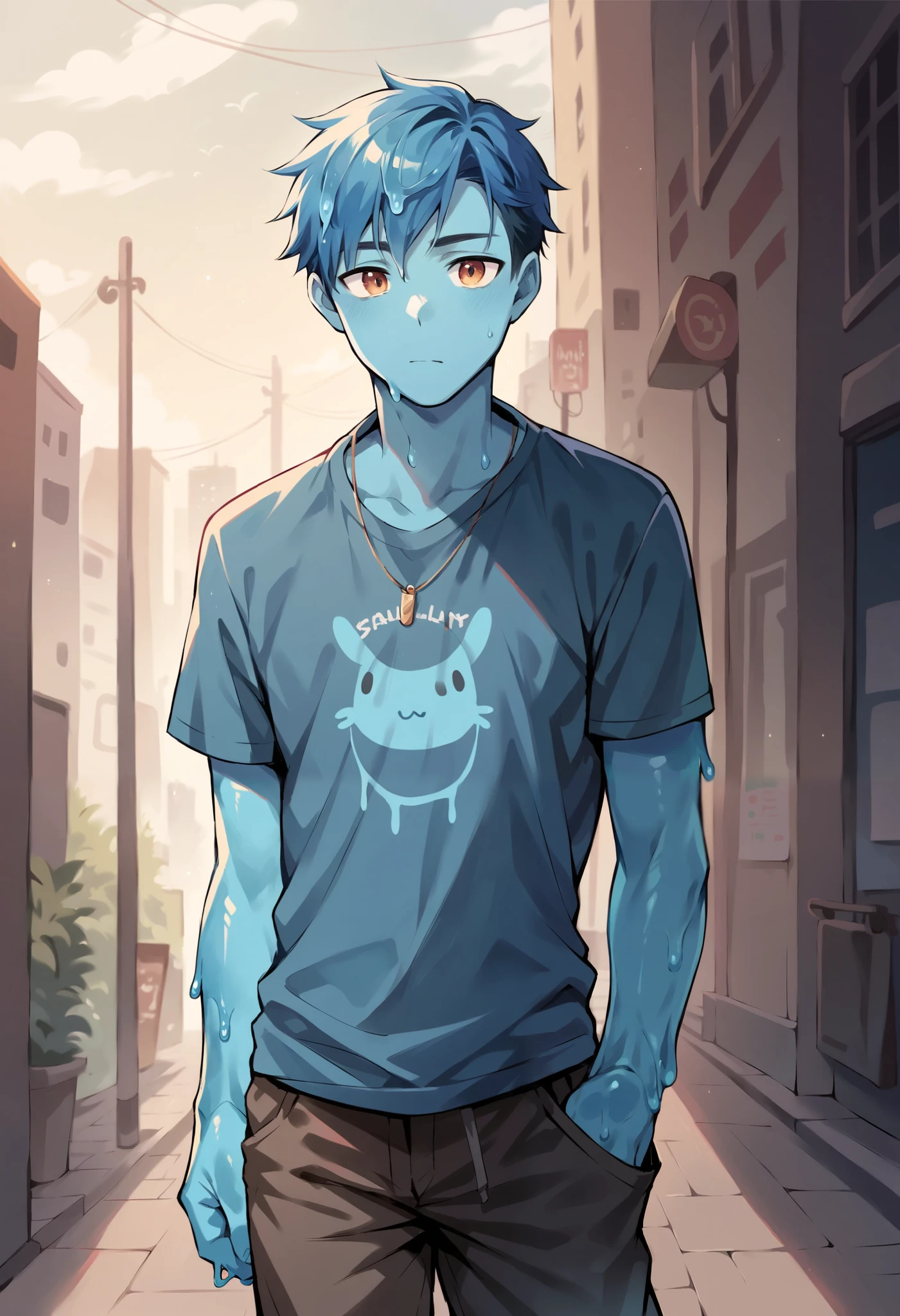 A blue male slime boy in the city. detailed and super realistic. ((Fashionable clothes)) and transparent blue body. (humanoid body shape). tomboy