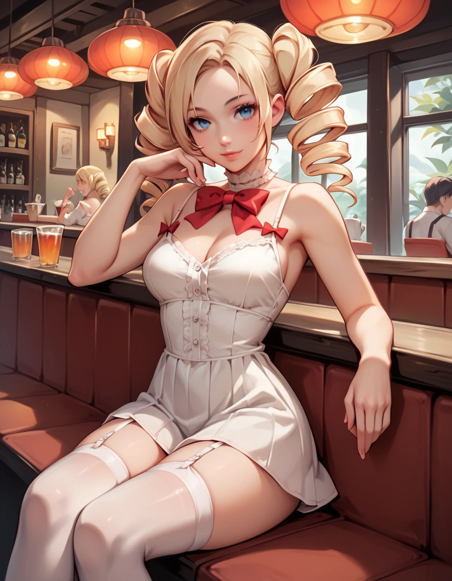 (best quality), (high quality), (detailed), (absurdres), (masterpiece), good artist, 1girl, CatherineVG, skintight red dress, stockings, skin indentation, panty lines, hair between eyes, large breasts, looking at viewer, fancy dinner, restaurant,