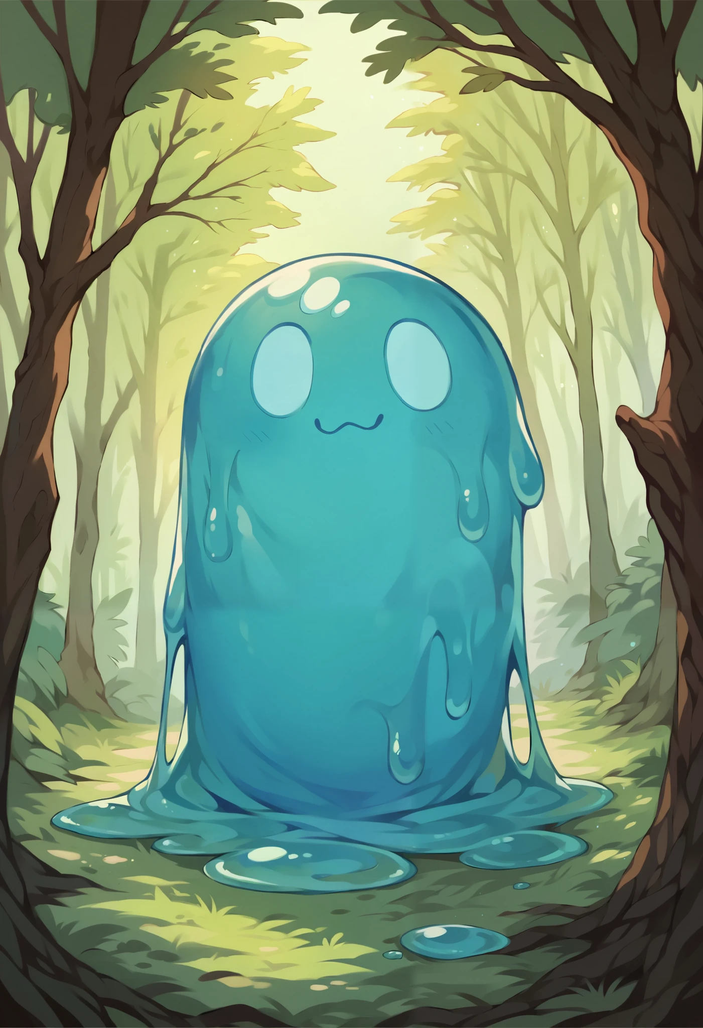 A blue male slime boy in the forest. detailed and super realistic. Fashionable clothes and transparent blue body.