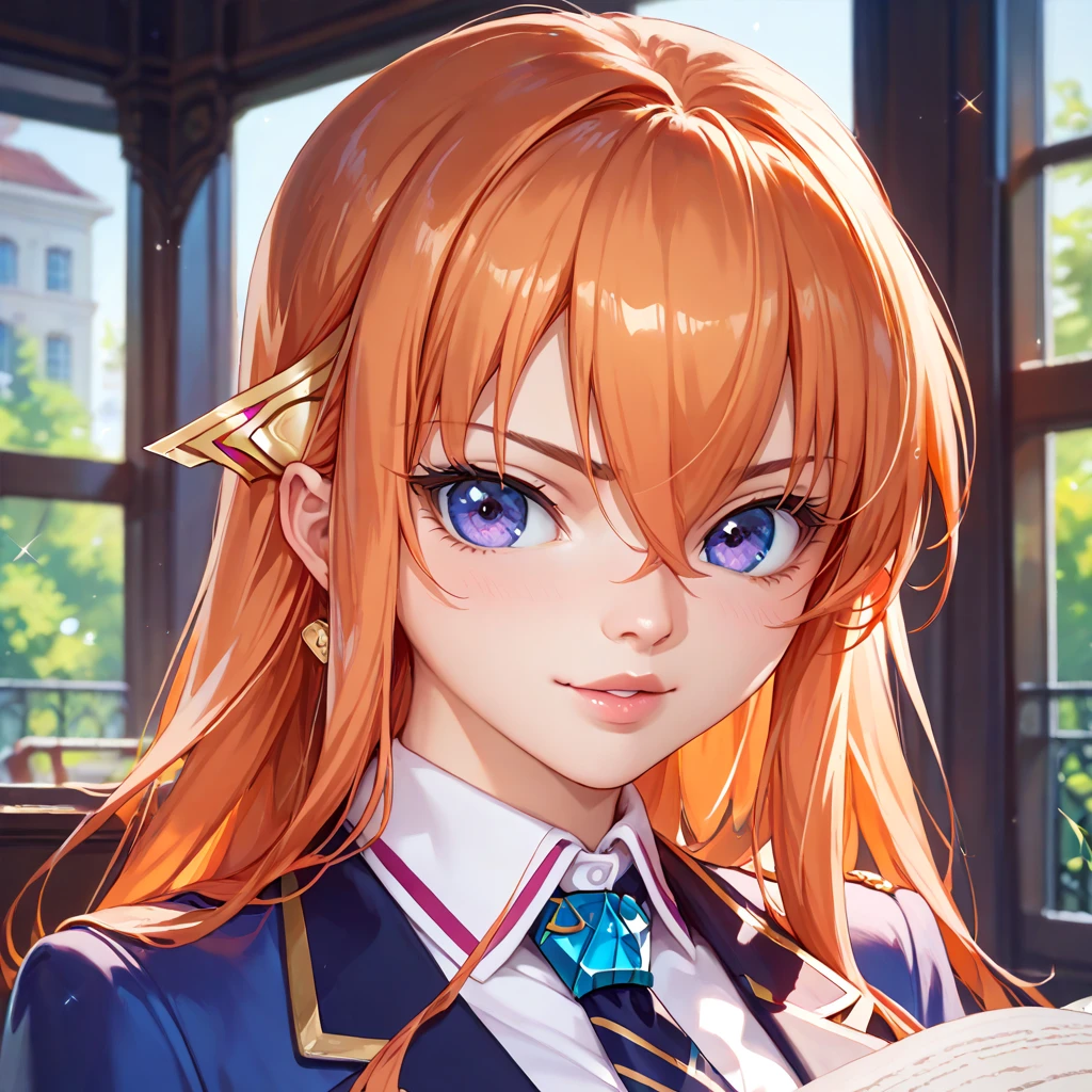 (( top quality )), ((masterpiece)), ( Details), （perfect face）、Orange-haired Maya Cordelia is wearing a schoolgirl uniform