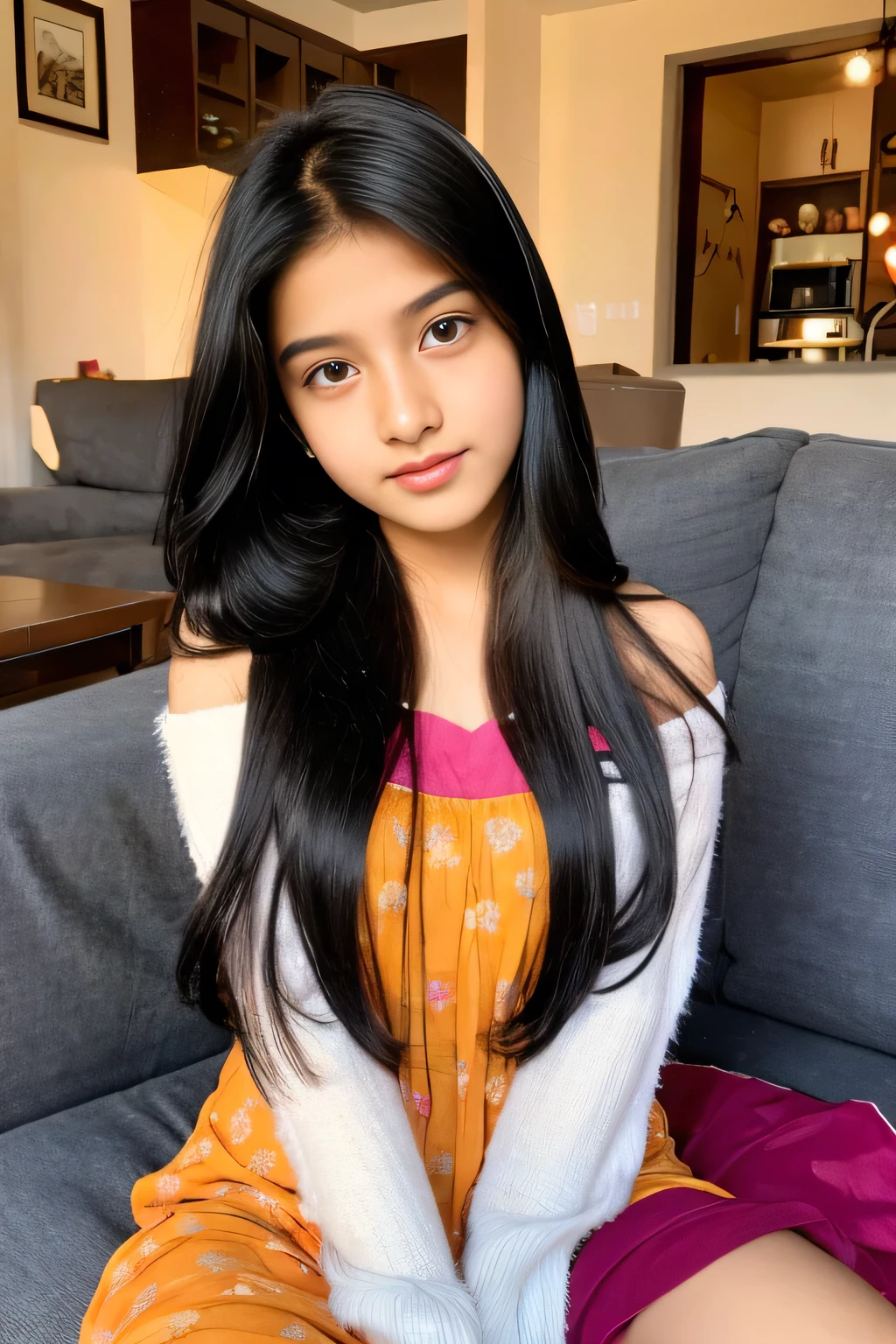 beautiful cute young attractive indian age girl, village girl, 18 years old, cute, Instagram model, long black_hair, colorful hair, warm, dacing, in home sit at sofa, indian