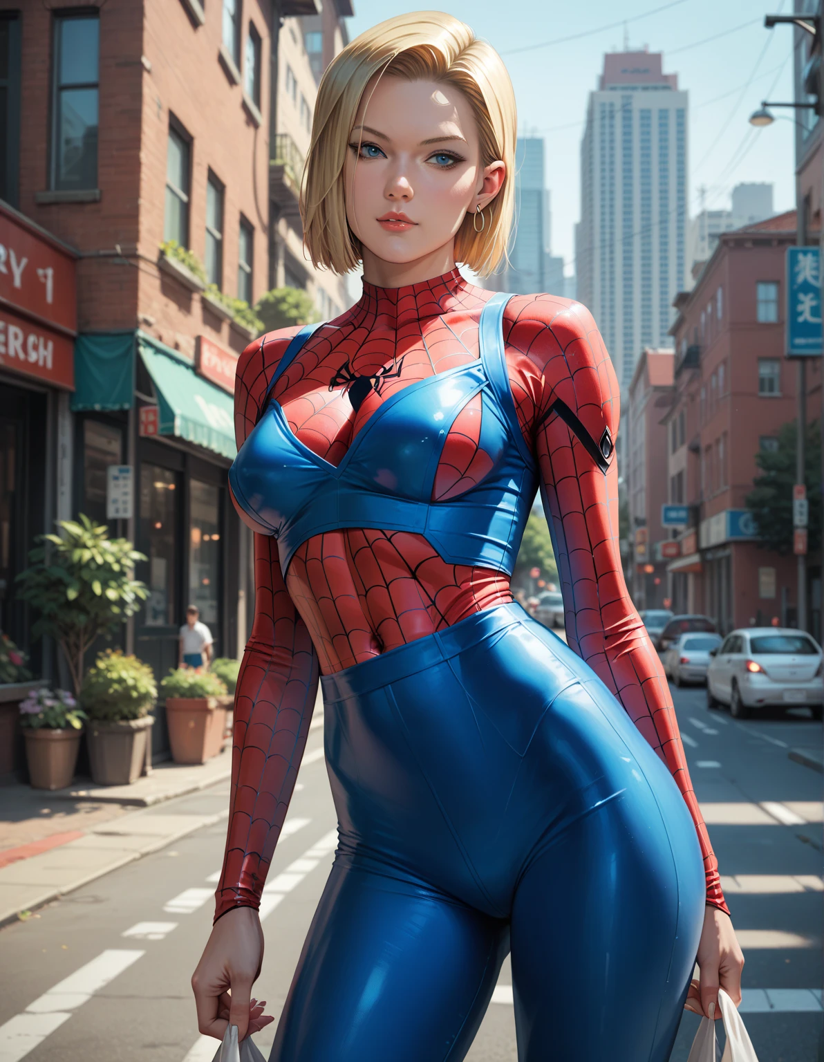 8K, Top Quality, Intricate Details, Ultra Detail, Ultra High Resolution, Masterpiece, close up shot, (full body: 1.1), (()), Slender, Smile, (Makeup: 0.4), ), (Fluffy Eyes: 1.21), (((()))), 1girl, solo, 1 girl, (( cammy white, blonde hair, bangs, short hair, blue eyes, antena hair, abs, scar on cheeks)), close up shot, , ((tall)), (((fit body))), (((slim face))), sharp face, ((spiderman suit, spiderman suit, spiderman))  (detailed face), sharp face, small lips, (( walk pose, walking pose)), 
 (( )), , ((,)), detailed face, detailed breast, , ((large breast, huge breast)), detail ass, Narrow Waist, Skinny, slim tall , 195 cm tall, Muscular, Navel, Exposed Abdomen, Pointed Chest,, Beautiful girl with accentuated slender abs: 1.4, Six Pack Abs: 1.4, Bust Botox, Big, Perfect Body, detail leg, (( dark background)), black background,