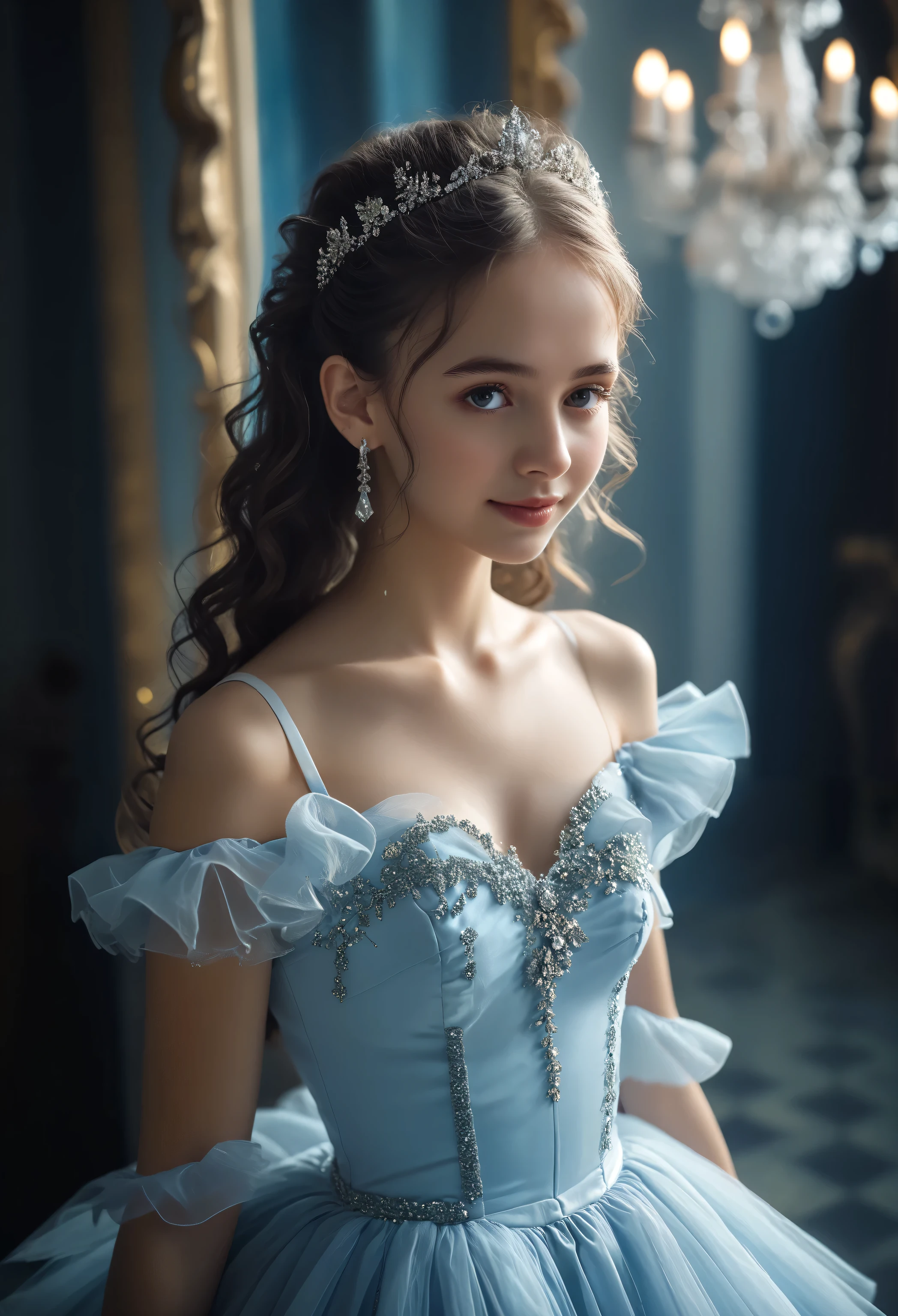 Dramatic composition, Court dress, Royal, nice, Cascading Ruffles, Raffle, bow, crystal chandelier , Roman Curl Hairstyle , Place, double ponytail like a drill , look at the camera, bangs, Maximalism , Palace-like background, delicate hair and eye depiction , Princess Dress , nice skirts, Flowers in hands, smile, Starry Eyes, Cinematic Light, Extremely Detailed, HIGH DEFINITION , happy girl , very long hair , diamond with s, broken diamond with s, Crystal Fragment, Light Particles