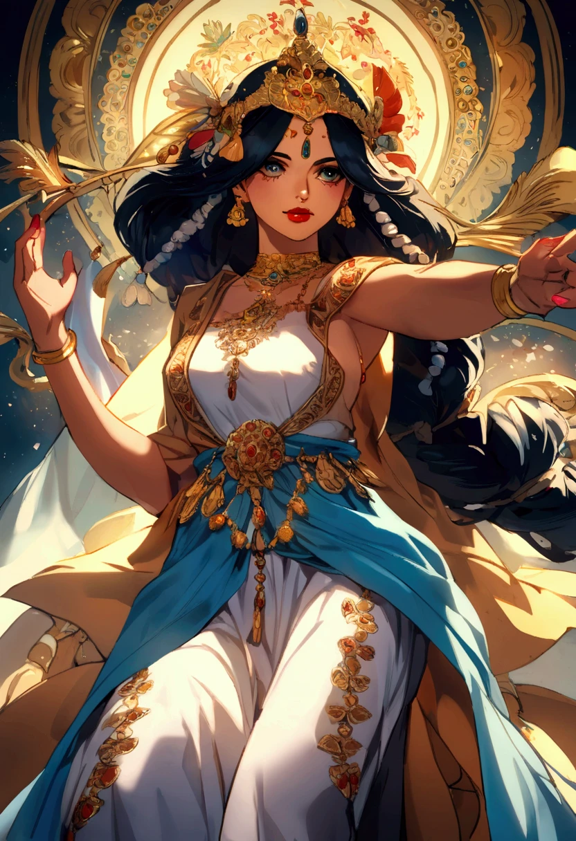 Pocahontas is a young Native American woman with tan skin, twinkling, dark brown eyes, red lips, and long, raven-black hair.her dress is now beige and more elaborate with the addition of feathers and turquoise stones. Her late mother's necklace is painted gold and studded with turquoise stones instead of being a solid blue, while the pendant at the end is a bluestone instead of silver. Notably, the traditionally barefoot princess now wears knee-high soft suede boots.