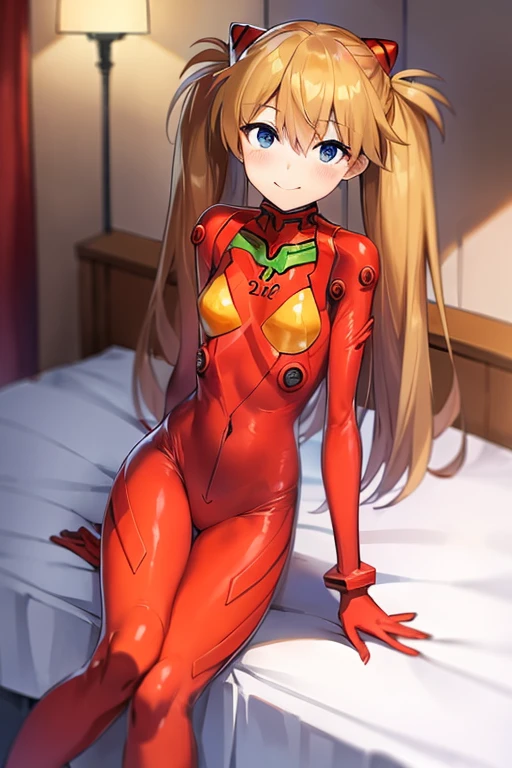 (( top quality )), ((masterpiece)), (be familiar with), perfect face, indoor, bedroom,  Watching Viewers ,
One woman,  Soryu Asuka Langley ,
開いた口,  ecstatic expression beside the piano, blush, smile,
 small tits,  flat chest, Young girl, Lori,  s,  girl,
 long hair,  twin tails,
Leg spread,