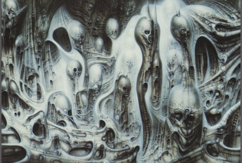 g1g3r, Giger_style, The image is a detailed view of H.R. Giger's \" NYC \" plate, featuring a complex network of bones and constructions.
 The image depicts a dense, vertical arrangement of skeletal figures and faces, tightly packed and interconnected. The overall impression is one of a claustrophobic, organic machine or a biomechanical wall.
Figures: The figures are primarily skeletal, with elongated skulls, prominent eye sockets, and visible rib cages. Some figures are more complete skeletons, while others are reduced to just faces or partial torsos. They are often contorted or intertwined.
The figures are embedded in or connected by a network of pipe-like structures, tubes, and organic-looking tendrils. These elements create a sense of depth and complex
 The background is a dark and  limited  space  painted  in  a  uniform  blue-green color.  This  lack  of  detail  keeps  the  focus  on  the  figures  and  creates  a  sense  of  mystery  about  their  environment.  Receding into the distance  are  a  series  of  arches  and  tunnels  that  hint  at  a  larger  biomechanical  landscape,  possibly  the  work  of  the  creatures  themselves The artwork is silver and purplish brown, with an ivory bones prominently displayed. The image is highly detailed and intricate, almost like a 3d version of a medical diagram (detailed view of an anatomy model, possibly of a human body, with transparent organs and bones exposed). The piece has a thick mechano-organic texture and is covered in fine details. The image has a swirling, organic quality to it. The artistic manner would be unmistakably Gigeresque. A dark and unsettling beauty would permeate the piece, blurring the lines between fascination and repulsion , forever haunted by the grotesque allure. Giger's signature artistic manner would be evident in every stroke. The airbrush would be wielded with masterful precision to create a hyperrealistic yet nightmarish aesthetic.., ooze soaked pajama top
