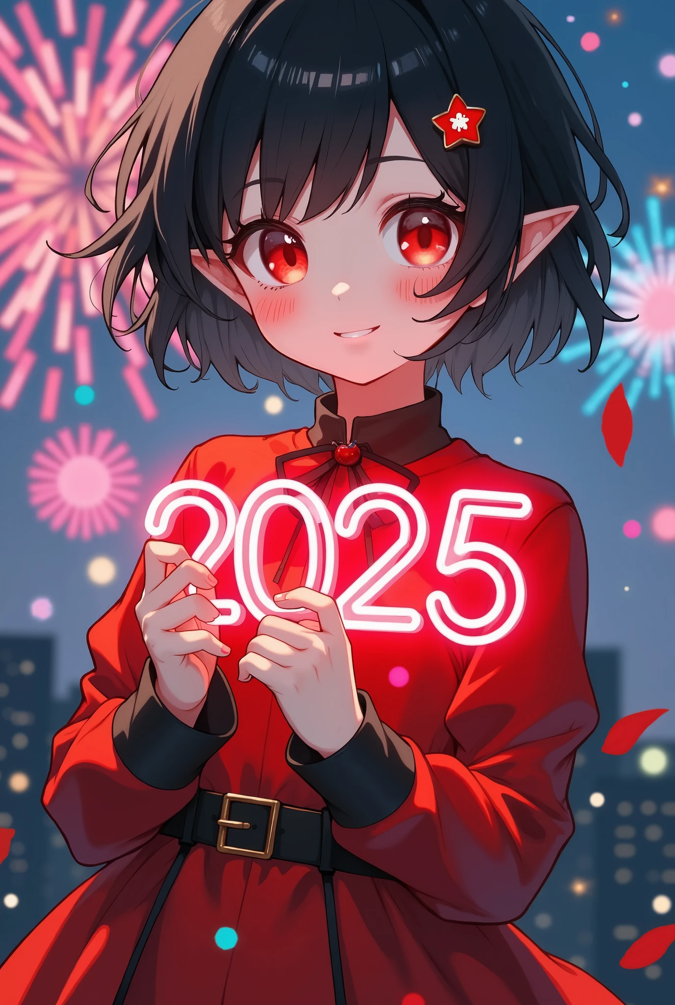 anime style picture of a beautiful young girl with short black hair, red eyes and pointy ears. She wearing a red gothic dress. She holding a neon light board with text "2025". There are firework in background