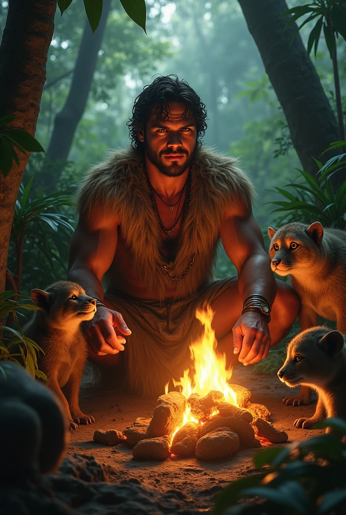 An intricate 8K ultra-realistic illustration depicting a prehistoric caveman clad in animal leather clothing, diligently preparing his meal over a crackling open flame. The caveman is seen stirring a primitive wooden spoon in a clay bowl placed atop the roaring fire. The scene is set outside a cave, with a backdrop of casually wandering dinosaurs against a crimson and orange sky. The environment is lush with native trees and creeping plants. This artwork aims to capture the essence of this prehistoric moment in utmost detail and realism.