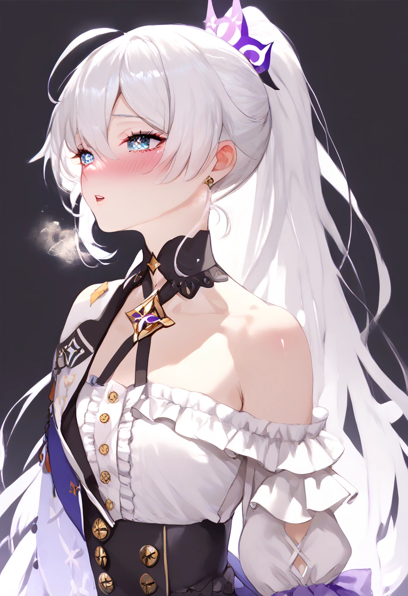 masterpiece, best quality, very aesthetic, absurdres, 1girl, solo, kiana kaslana (herrscher of finality), white hair, ahoge, high ponytail, very long hair, blue eyes, symbol-shape pupils, blush, heavy breathing, closed mouth, (stylish modern outfit:1.4), (off-shoulder white blouse:1.5) with (puffed sleeves:1.4) and a (ruffled neckline:1.3), (black buttoned suspender dress:1.5) with a fitted bodice and contrast stitching, (metal buckles:1.3) on shoulder straps, (gold-tone buttons:1.3) casual yet elegant, feminine, minimalist, black background