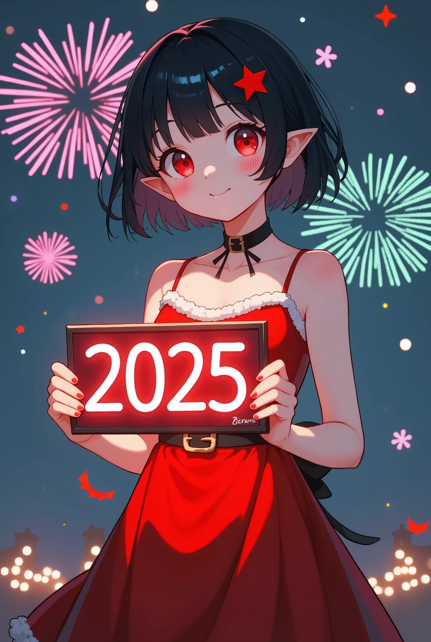 anime style picture of a beautiful young girl with short black hair, red eyes and pointy ears. She wearing a red gothic dress. She holding a neon light board with text "2025". There are firework in background