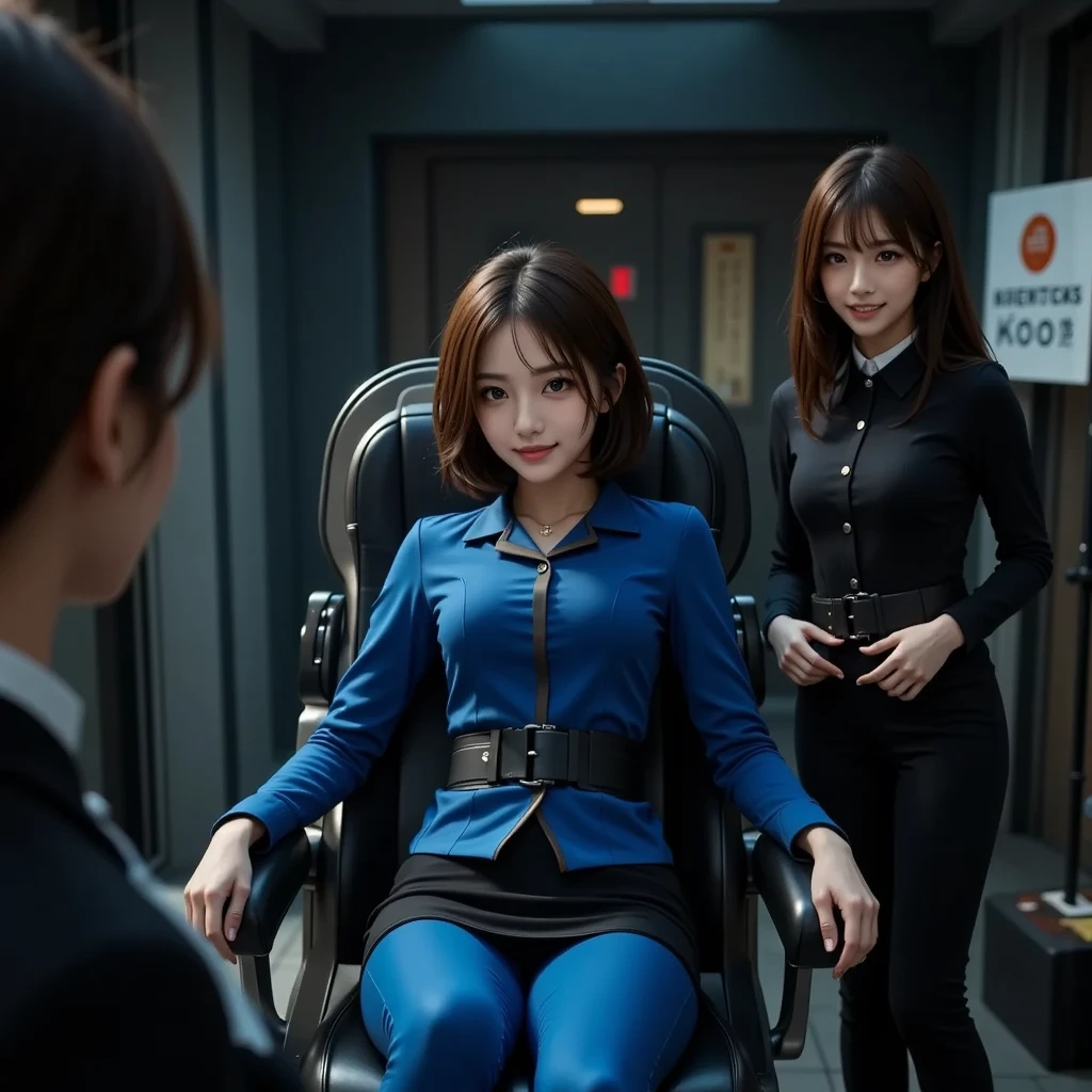 (realistic:1.4), strawberry blonde hair, reading book, standing, futuristic, solo, military hair bun, brown eyes, holographic screen, blue bodysuit, tactical gear. Gorgeous woman, detailed face, control room, holding book,