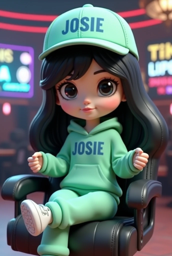 Pixar style: cute cartoon of a chubby 40 year old woman wearing a purple hoodie that says “I PURPLE YOU”, dark brown eyes and long straight dark brown hair with side bangs, red lips, blue jeans, white skin, pixar logo, 3d render, poster