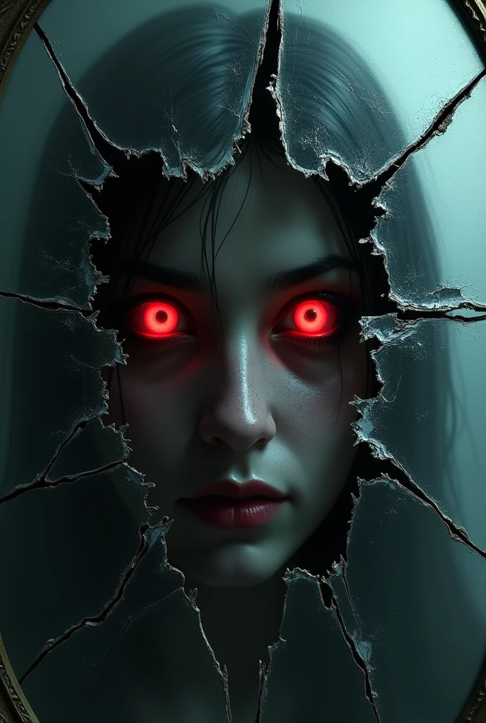 a broken mirror and a pair of eyes looking through. eyes are red and shining . a terrible image