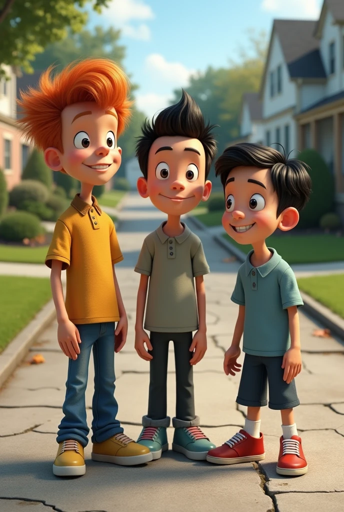 a black boy, tall with short black hair and black eyes. A red-haired boy with curly hair, Slightly Smaller, with freckles and green eyes in between. A white boy with tan skin, tall with medium length black hair with bangs over his blue eyes. All in 1990s clothes and the black and the tanned white kid looking at each other angrily, while the redhead smiles.