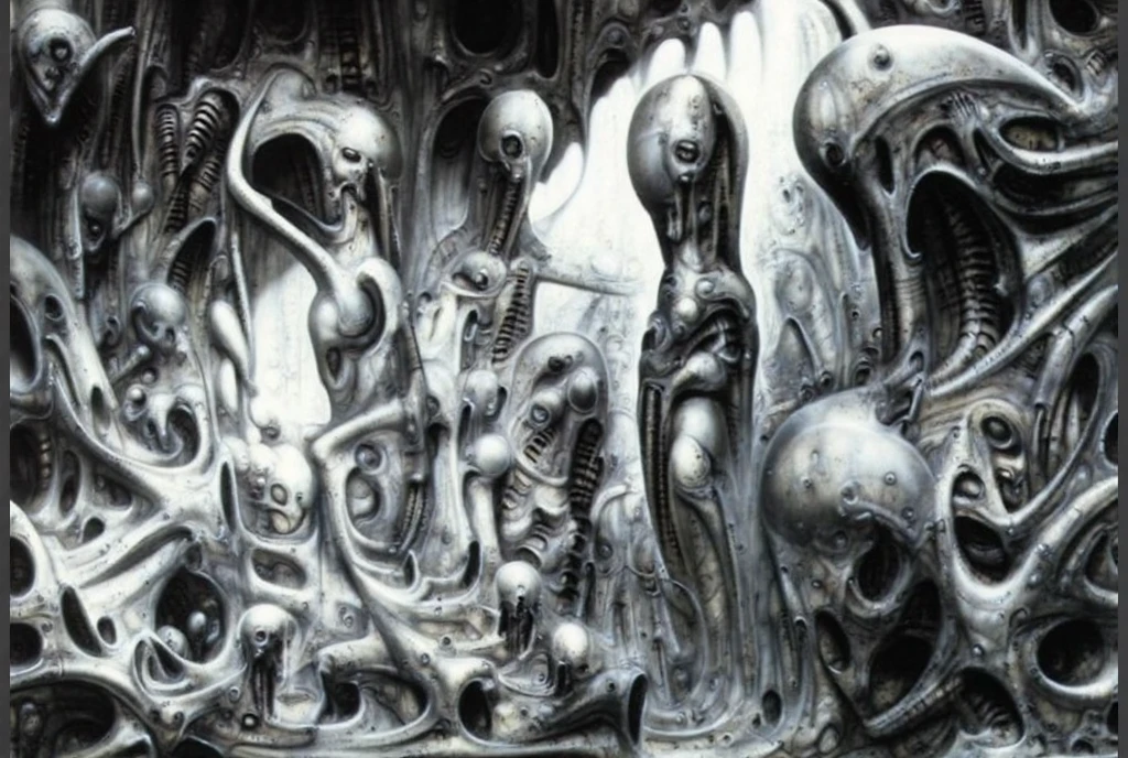 g1g3r, Giger_style, The image is a detailed view of H.R. Giger's \" NYC \" plate, featuring a complex network of bones and constructions.
 The image depicts a dense, vertical arrangement of skeletal figures and faces, tightly packed and interconnected. The overall impression is one of a claustrophobic, organic machine or a biomechanical wall.
Figures: The figures are primarily skeletal, with elongated skulls, prominent eye sockets, and visible rib cages. Some figures are more complete skeletons, while others are reduced to just faces or partial torsos. They are often contorted or intertwined.
The figures are embedded in or connected by a network of pipe-like structures, tubes, and organic-looking tendrils. These elements create a sense of depth and complex
 The background is a dark and  limited  space  painted  in  a  uniform  blue-green color.  This  lack  of  detail  keeps  the  focus  on  the  figures  and  creates  a  sense  of  mystery  about  their  environment.  Receding into the distance  are  a  series  of  arches  and  tunnels  that  hint  at  a  larger  biomechanical  landscape,  possibly  the  work  of  the  creatures  themselves The artwork is silver and purplish brown, with an ivory bones prominently displayed. The image is highly detailed and intricate, almost like a 3d version of a medical diagram (detailed view of an anatomy model, possibly of a human body, with transparent organs and bones exposed). The piece has a thick mechano-organic texture and is covered in fine details. The image has a swirling, organic quality to it. The artistic manner would be unmistakably Gigeresque. A dark and unsettling beauty would permeate the piece, blurring the lines between fascination and repulsion , forever haunted by the grotesque allure. Giger's signature artistic manner would be evident in every stroke. The airbrush would be wielded with masterful precision to create a hyperrealistic yet nightmarish aesthetic.., ooze soaked pajama top
