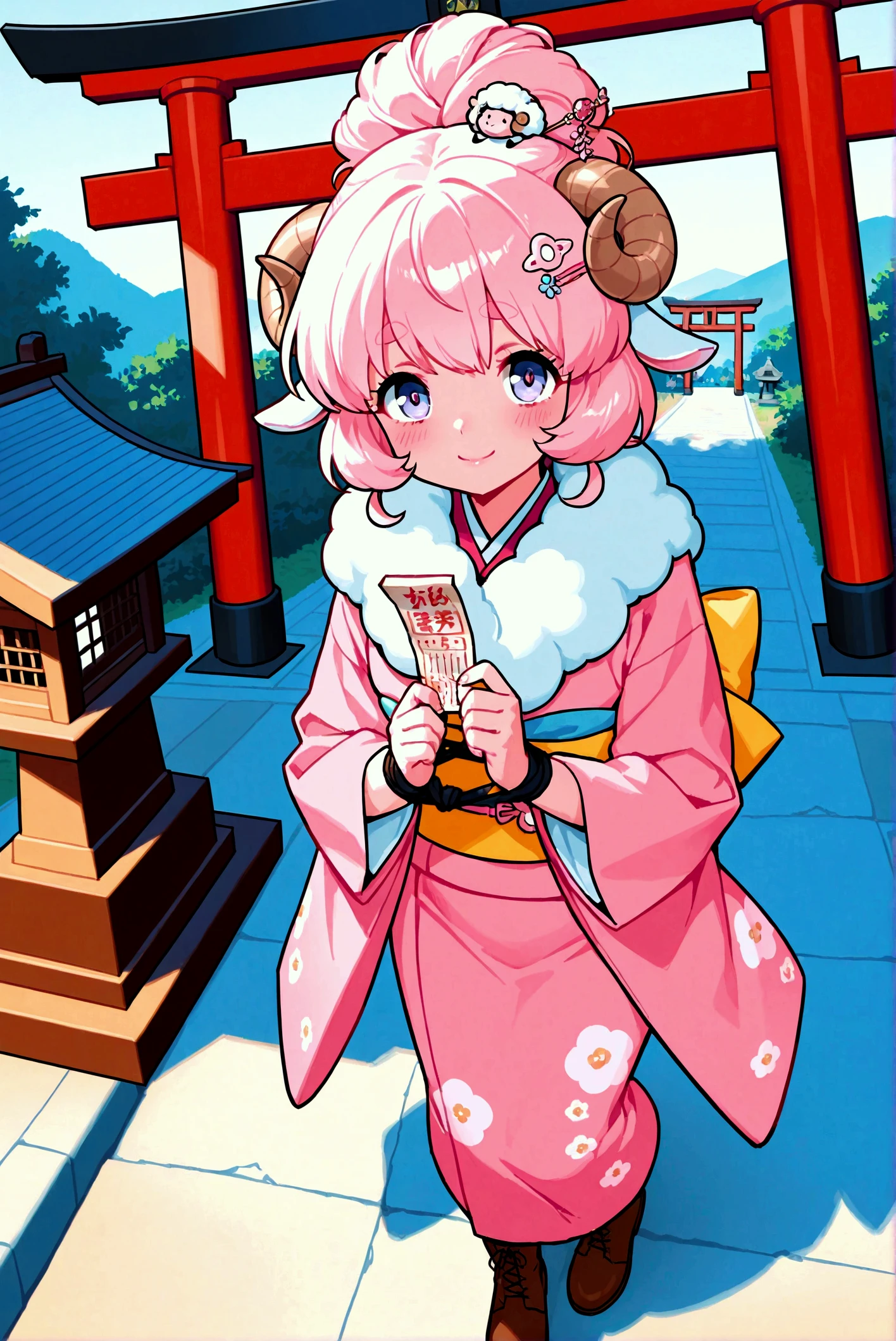 (masterpiece:1.3, top quality :1.3, detailed depiction :1.3, Amazing high definition :1.3, High Quality Anime Paintings ), 1girl, A soft smile:1.3, Pink gloss:1.2,  pink fluffy hair, Tied up hair,,  sheep motif hairpin , round sheep horn :1.2, Thick eyebrows, Pink long-sleeved kimono:1.2, pink long-sleeved kimono:1.2,  with white fur wrapped around the neck,  brown boots , The letters are written with a brush on the unfolded omikuji paper "2025", shrine, Fair stalls line up , torii