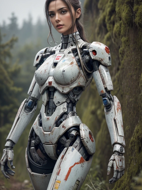 ((masterpiece, highest quality, Highest image quality, High resolution, photorealistic, Raw photo, 8K)), Abandoned robot soldier on battlefield, broken and immobile, rust and moss showing passage of time, female cyborg body, female body, biomechanical , extra detailed body, blowjob white mech, white biomechanical details, detailed body, shiny white armor, cybernetic body, eva unit-00 on back, full body details, 