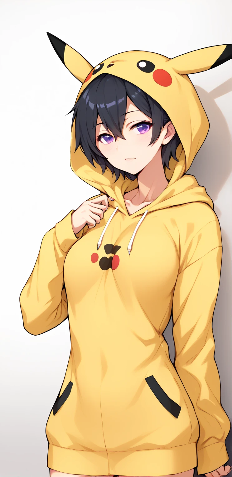 rin6135, purple eyes,   short hair,   black hair, spot under the eye,   between her eyes .Pikachucosplay, Pikachu \(Pikachu\),   character print, hood, moletom com hood, yellow sweatshirt.