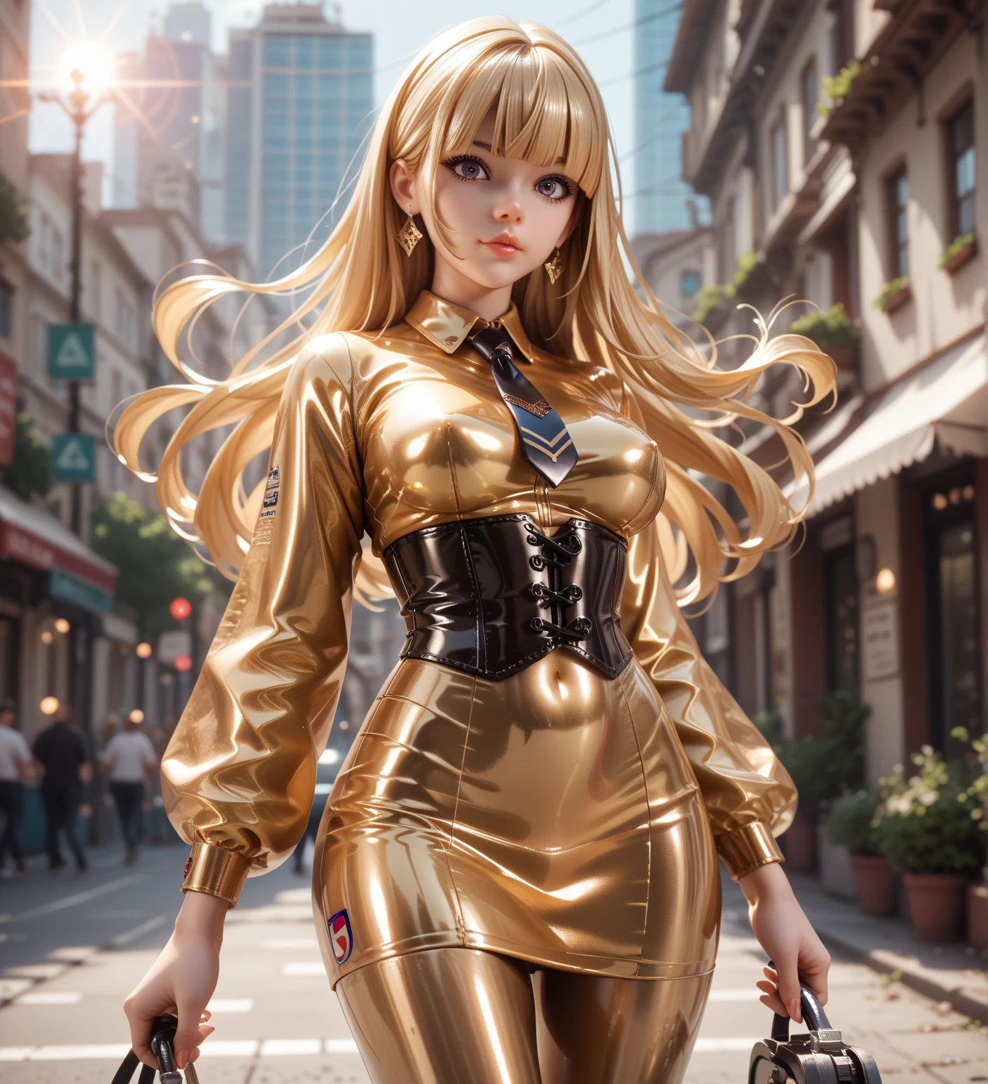   1 girl,   in an extremely tight , shiny golden latex polo shirt, drives through the city , Leggings,   Hidden hair coloring, Hime Cut,  blonde hair , Lens reflection,   reflective light  ,  high resolution,   masterpiece, corset,Necktie, Breasts, long tight skirt, 