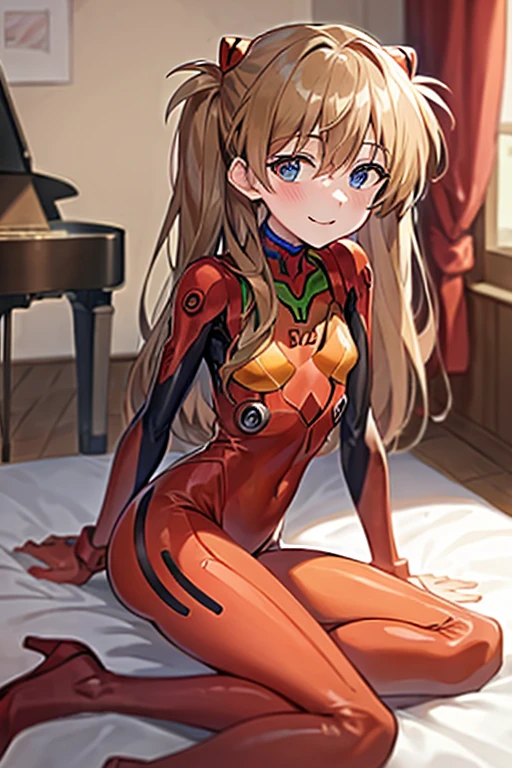 (( top quality )), ((masterpiece)), (be familiar with), perfect face, indoor, bedroom,  Watching Viewers ,
One woman,  Soryu Asuka Langley ,
開いた口,  ecstatic expression beside the piano, blush, smile,
 small tits,  flat chest, Young girl, Lori,  s,  girl,
 long hair,  twin tails,
Leg spread,