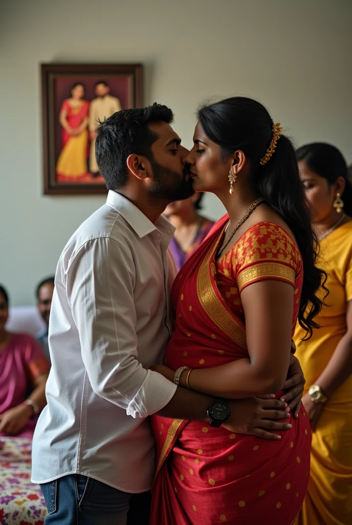 A 20 year old plus sized South Indian bride kissing and hugging a 70 year old groom, the crowd is cheering , full body image