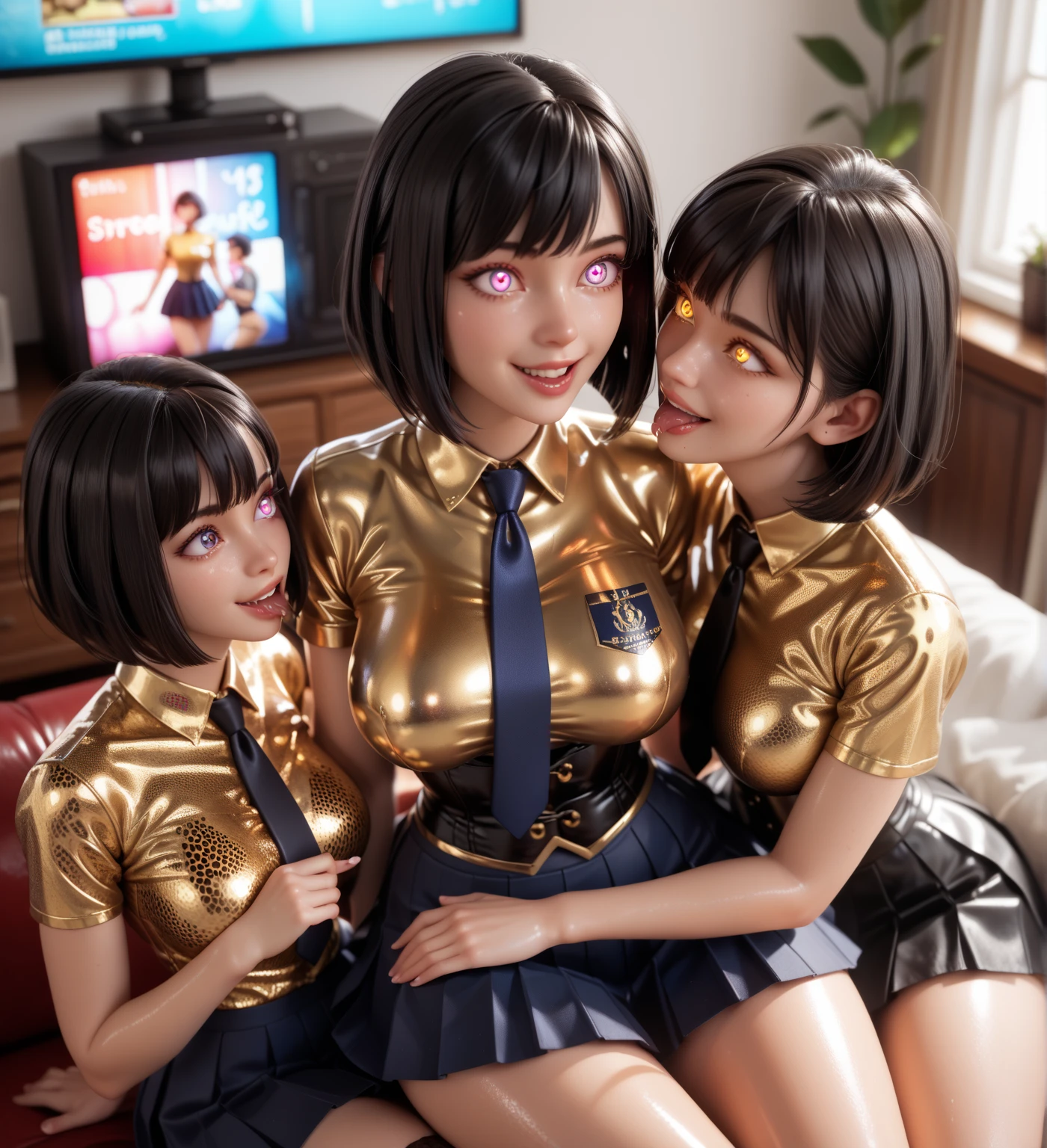 3 girls,   In extremely tight ,  shiny golden latex polo shirt, bob cut,   black hair , Lens reflection,   reflective light  ,   high resolution ,   masterpiece,   are in the apartment sitting at the television, startled,  glowing eyes , smile, saliva, salivafluss, salivaspur, very strong s Make-up,  very strong ,  shiny skin , corset, necktie,  
 pleated skirt , Leopard print, from above,  sitting on lap  , kiss 