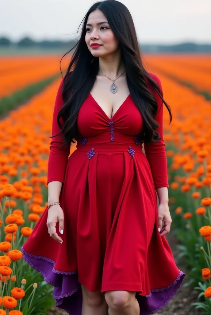 araffewoman in a red dress sitting in field of tall grass, in a grassy field, In a red sundress, in a meadow, in field, portrait in the middle of the shot, charming plus size model, girl wears a red dress, in a grass field, in field with flowers, In the grass, Photo from behind, natural beauty