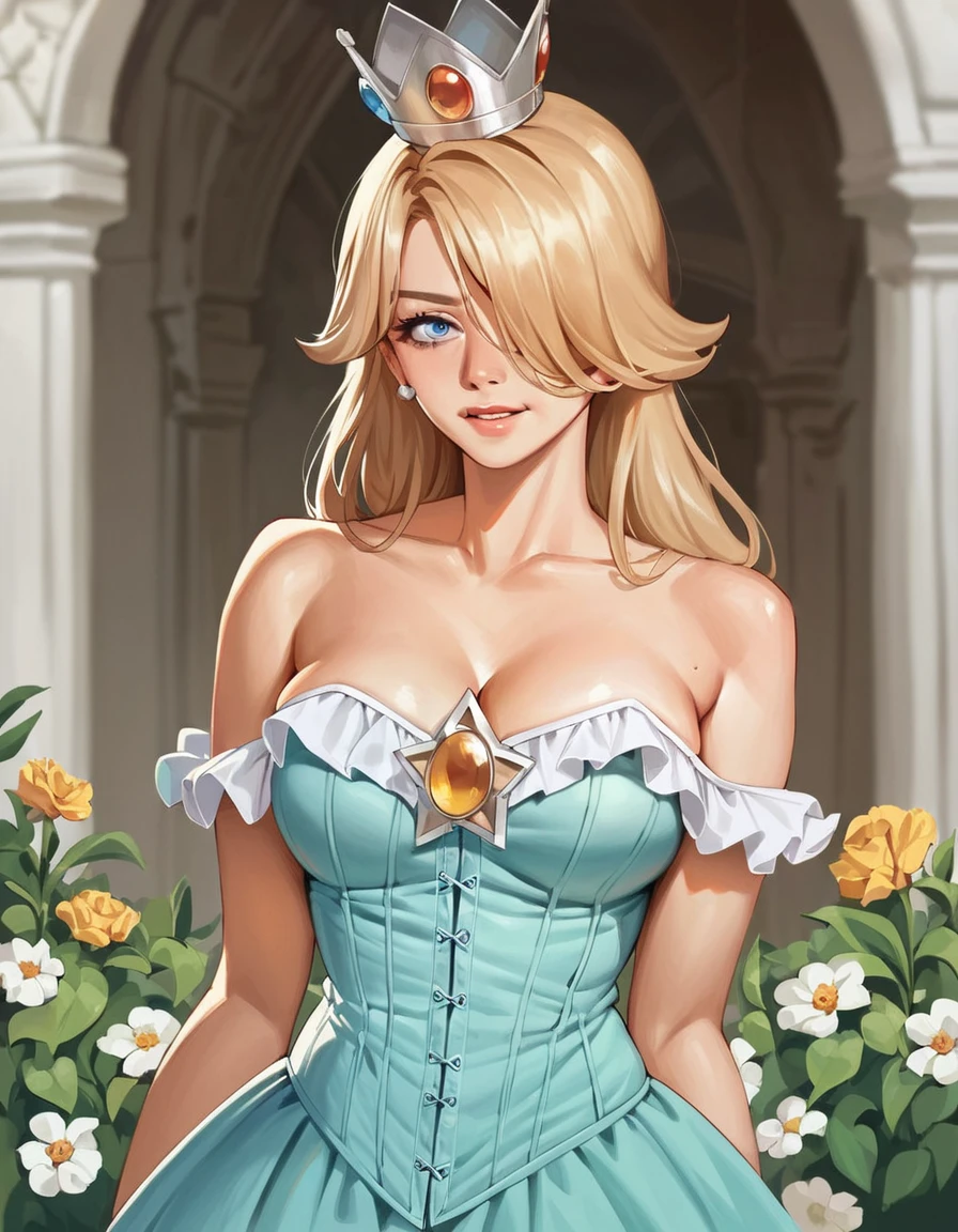 score_9, score_8_up, score_7_up, score_6_up, score_5_up, score_4_up, source_anime,  1girl, long blonde hair, hair over one eye, upper body, hud_crst_prncss_drss,  bare shoulders, corset, off shoulder, blue dress, short dress, frills, crown, light smile, blue eyes, saggy large breasts, castle, garden meadow