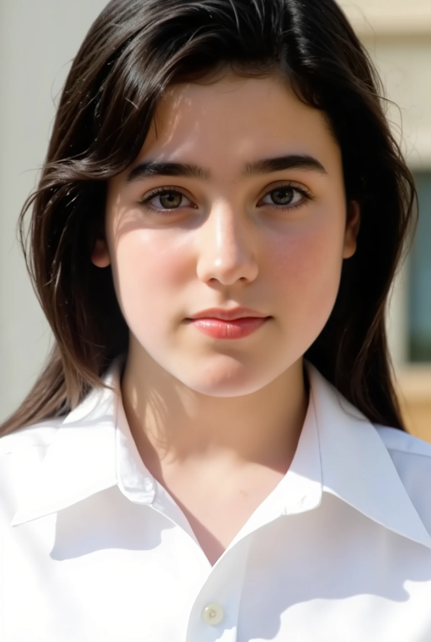 (very realistic photography),(masterpiece, best quality:1.5), 1girl, (alone),
from the front view,
she is facing straight at the viewer., 
((young Jennifer Connelly)),(at age 14),
from the top of her head to her waist,
she wears a white school shirt.,
with cute face with plump cheeks,
scooped nose arched high with a turned-up tip,
no make up,
flawless healthy youthful fresh succulent fine smooth oily white skin,
with precocious female body with precociously large blreasts and broad wide shoulders, 
Jennifer Connelly's unique and beautiful face is recreated.,
a bit wet shiny long dark hair fluttering,
showing off forehead,
bangs,
smiling tenderly at viewer,
She is in sunny room under with natural light illuminating on her face,