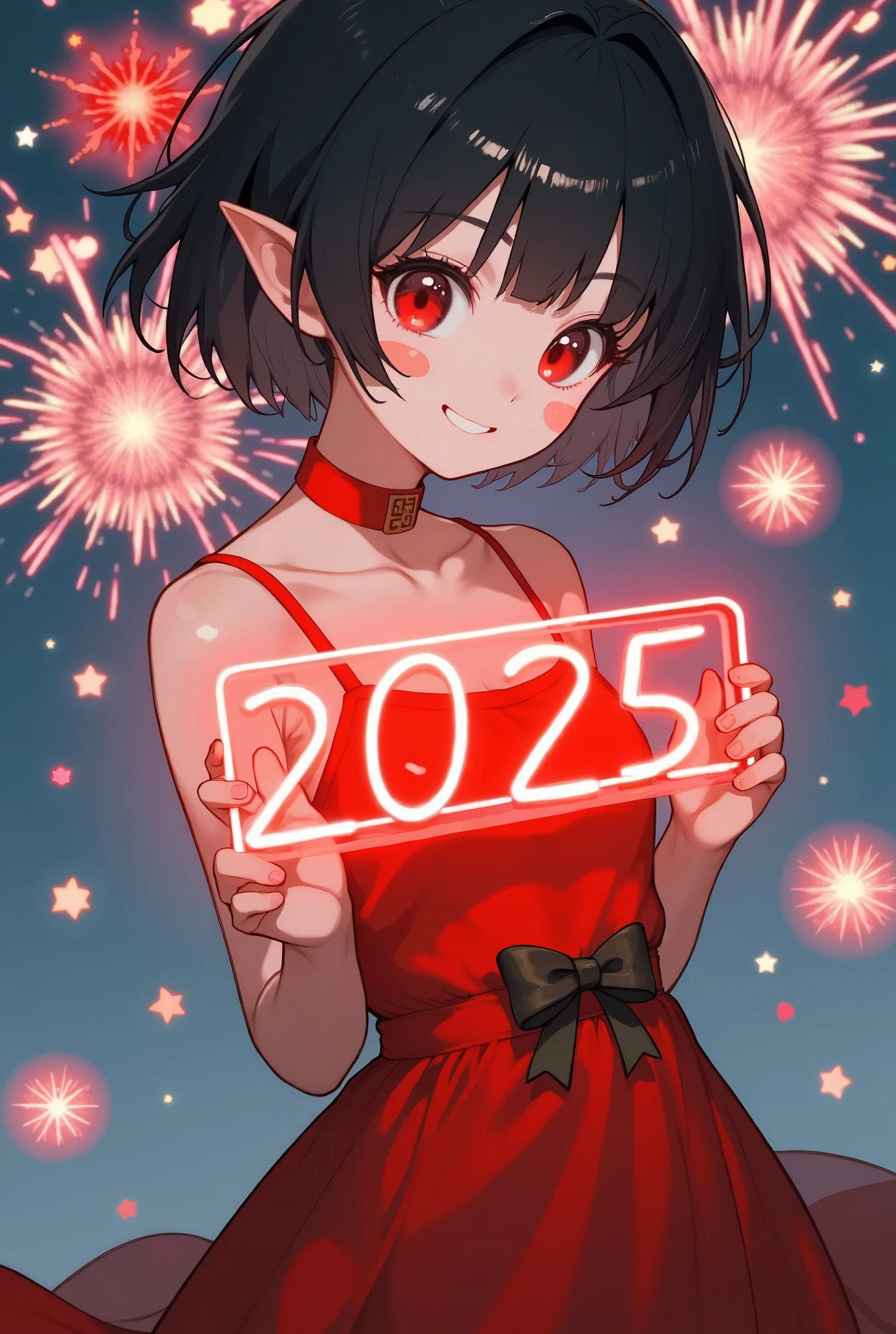 anime style picture of a beautiful young girl with short black hair, red eyes and pointy ears. She wearing a red gothic dress. She holding a neon light board with text "2025". There are firework in background