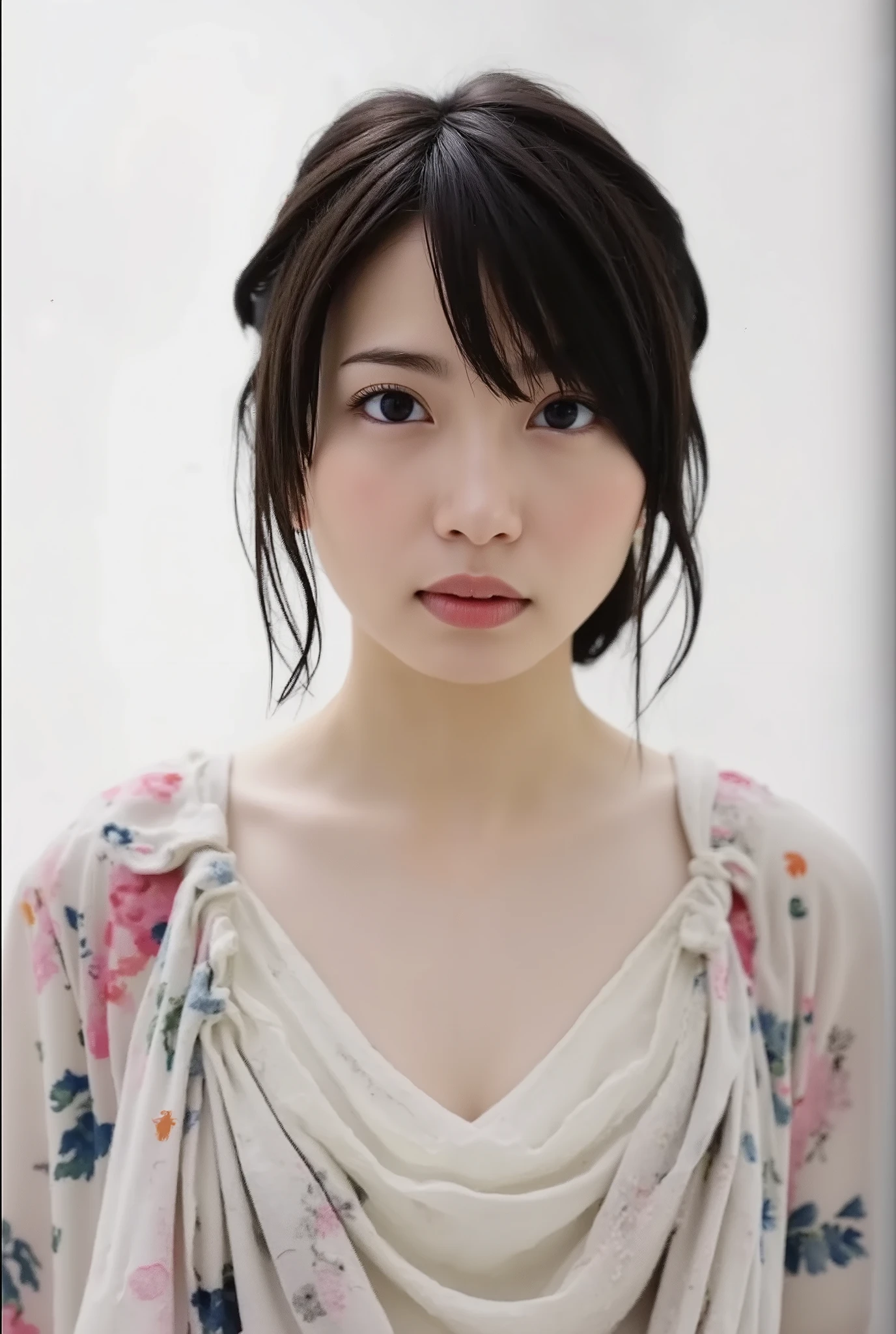 A close up of a woman with a flowered top and a white background