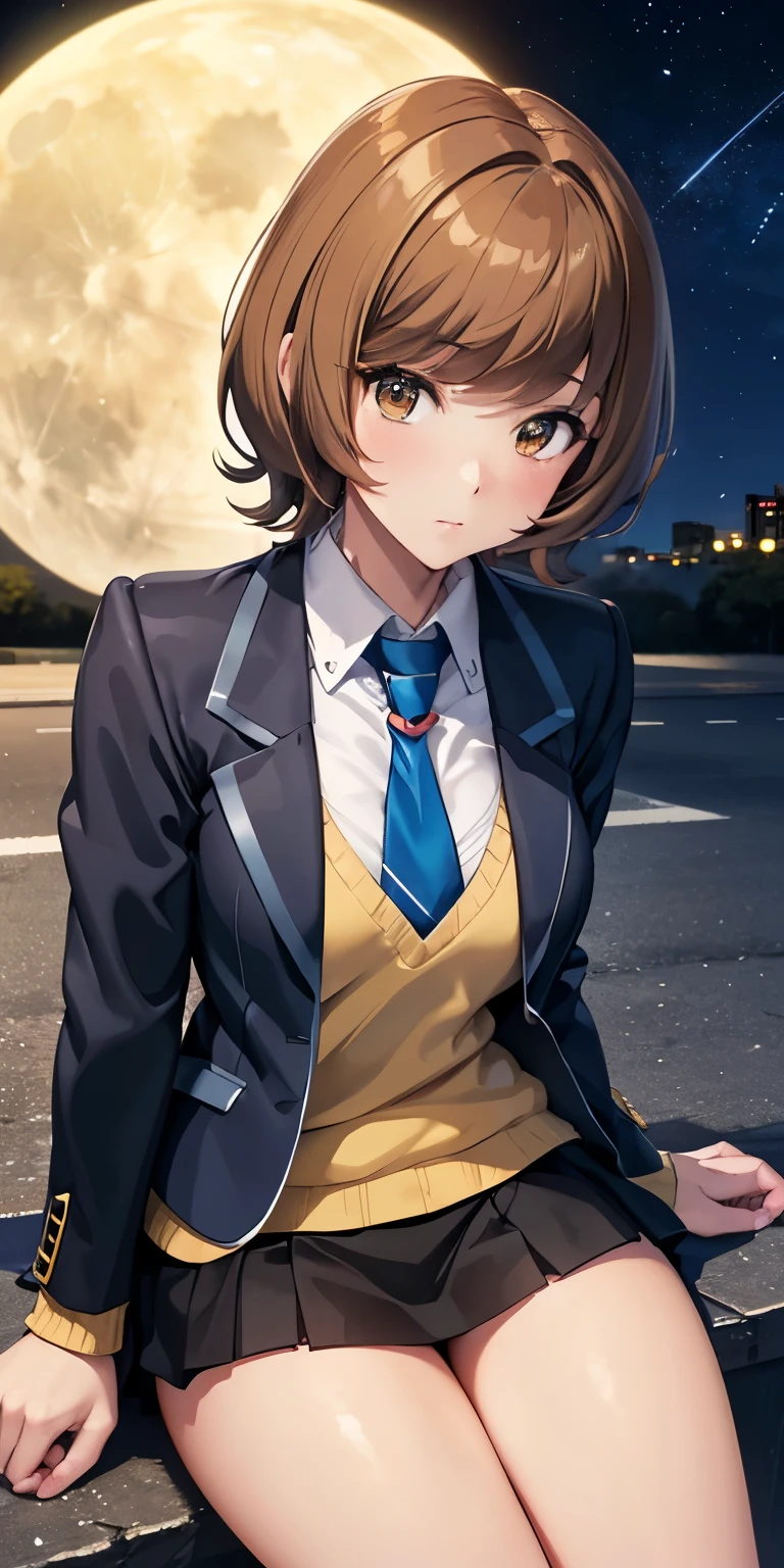 1 Female,High definition,high resolution,Ultra-realistic,8K, hmza, short hair, antenna hair, brown eyes, school uniform,( blue necktie), (yellow shirt),(black jacket), long sleeves, black skirt,tight skirt , ((miniskirt)),European,sexy,Upper body close-up,Photographed from the front,Dynamic Angles,private teacher,blush, medium tits ,outdoors, moonlight, dark sky, buildings,full body,4k, ultra high definition, perfect face, detailed face , sitting ,(pov, closed shot:1.2),  thinking , shooting star ,wide thighs 