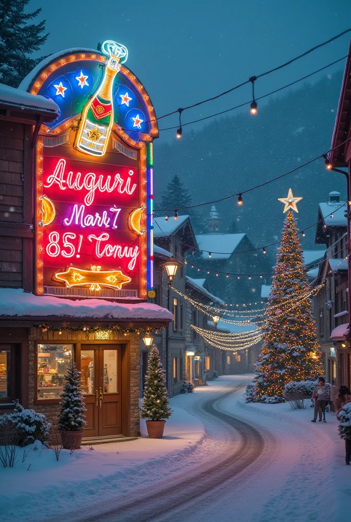 Hyper datailed, hyper realistic image. Alpine city with snow covering everything. Great neon large sign with a champagne bottle and the cork popping up, with the writing "Auguri Mark7 85! Tony". Thousands of Christmas lights, a large Christmas tree, snowing. Warm happy faithful atmosphere. Large format Hasselblad analog photo. 