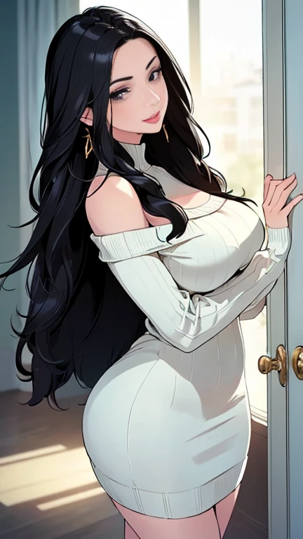(masterpiece, highest quality, highest quality, Official Art, Beautiful and aesthetic:1.2, Cinematic lighting、Key light at 45 degrees from the front, Fill Light、Soft backlight),
Beautiful Face、Perfect round ass、The body is slim、Fit and body、Pale skin、Shiny, bright eyes、Long eyelashes、Glossy face、Pervert woman、Beautiful mature woman,
(Oily skin、Glowing Skin、Realistic skin texture、Beautiful skin in every detail、Shiny skin),
A 23-year-old 、(Cute:1.5)、
((Open your mouth))、masterpiece,highest quality,High resolution,Very detailed,skinny,,((Captivating smile ))、(skinny Black hair)Choker,Earrings,Big cleavage、(Light-colored off-the-shoulder tight sweater dress:1.5)、,Race,(( Perfect Fingers )) , indoor,(Open the front door 1.2),((sexy Gestures:1.5, A flirtatious, sexy face、A sweet, ecstatic face:1.5, Open your mouth and look at me))、Heavy breathing ,
Accurate 5-finger、Accurate human body、The perfect human body、The most beautiful face, true to the human body、Correct five-finger、The perfect human body、Someone knowledgeable、Highly detailed face and skin texture、Natural neck length、(beautiful Hands)、beautiful, Long, slender legs、Straighten two legs、Straighten two arms、(Mega Big Tits), mini sexy dress