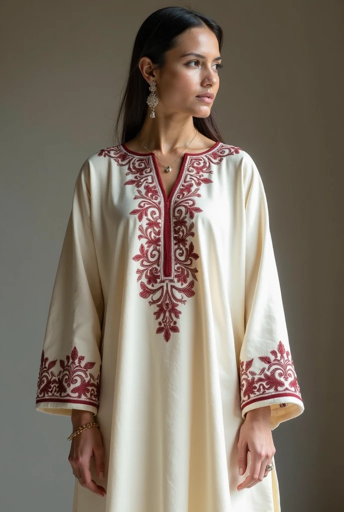 I have a white kashmiri shawl with thin red embroidery. I wish to upcycle the shawl into a dress. Can you generate images of long kurti, short tunics with peplum cut and maxi dress designs for this shawl ?