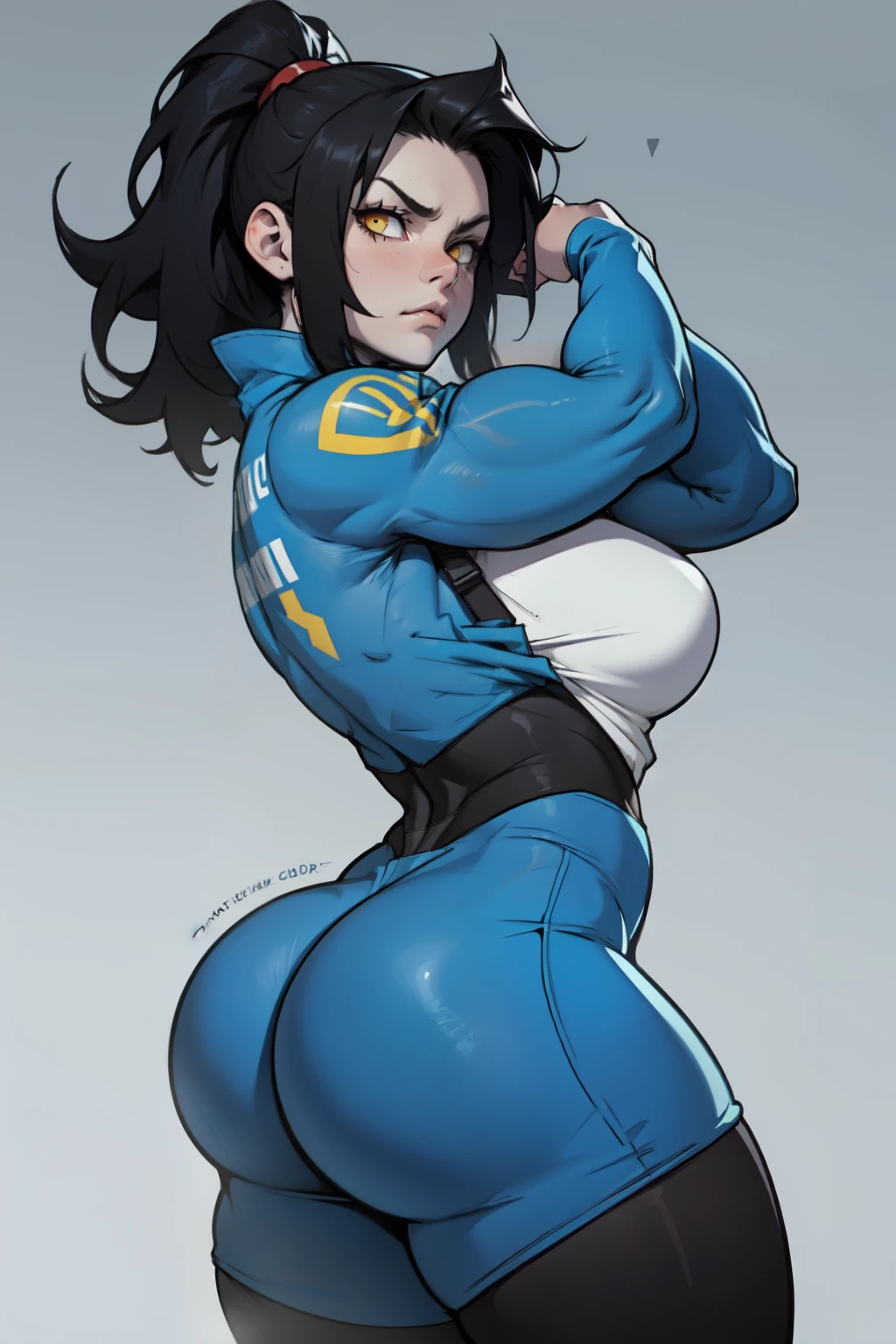best quality (((((girl muscular thick thighs))))) (full bodysuit cowboy-shot from behind from above) pale skin black hair yellow eyes very long hair big ass