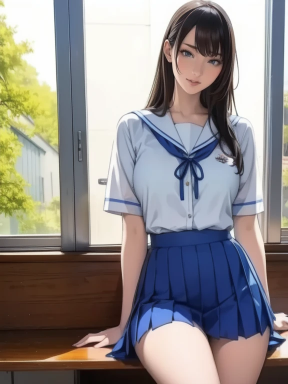 best quality ,masterpiece ,a girl,solo,(summer serafuku),school uniform,smile,shy,full body,(dark blue school socks),(spread legs:1.3),large breasts,hands behind head,arms behind head,(wearing loafer),sitting on the school chair,in high school classroom