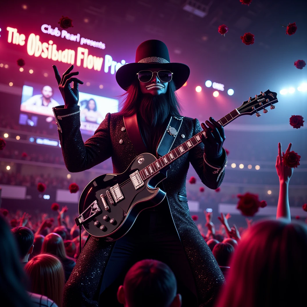 Stadium Blues Rock concert. The band "The Obsidian Flow Project" rocks the stage. The focus on their lead singer and guitarist, Obsidian Crow, a muscular humanoid crow donned in an ornate black and shining diamond suit, a black fedora pulled low and large diamond studded sunglasses. The jumbotrons shows the concert and reads "Happy New Year, MAB!". Large neon sign says "Club Pearl presents The Obsidian Flow Project". Plays on stage facing the crow. Camera flashes can be seen in the crowd. Obsidian dynamically plays his guitar while singing to a retro microphone. The crowd is theowing roses on stage at him. Dynamic Posing, High Resolution, Masterpiece, Award Winning, Super Detailed, Cinematic, Cinematography, Hyperrealism, Depth Of Field, Image Fill. 