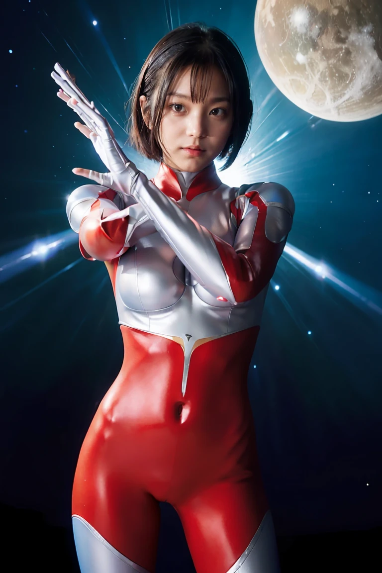 Ultraman、realistic、realistic、cinematic lighting, Girl in a shiny red and silver suit、、professional photos、Don'Do not expose your skin, japanese model, japanese cgi、Ultraman Suit、, Power Rangers Suit、tight and thin cyber suit,Whole body rubbery、There's pink There、 delicate body, big breasts、small ass、thin thighs、thin arms、thin waist、camel toe、Both sides of the cyber suit stick to the skin、Big eyes、black short hair、facing the front、facing the front立っている、A glowing sphere is embedded in the chest.、Essay Examination、 blue sky background
