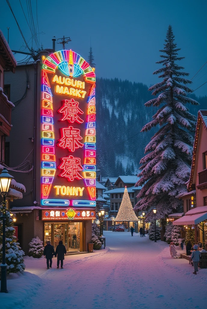 Hyper datailed, hyper realistic image. Alpine city with snow covering everything. Great neon large sign with a champagne bottle and the cork popping up, with the writing "Auguri Mark7 85! Tony". Thousands of Christmas lights, a large Christmas tree, snowing. Warm happy faithful atmosphere. Large format Hasselblad analog photo. 