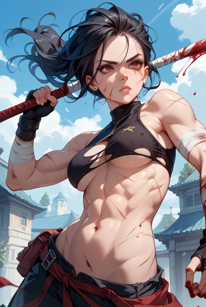 arafed Asian woman in a black bikini holding a sword, she is holding a katana sword, katana, unsheathing her katana, she is holding a sword, holding a sword on her shoulder, with big sword, katanas tied to her back, seductive anime girl, tifa, by Yang J, holds a black sword, licking the blade, ahegao
